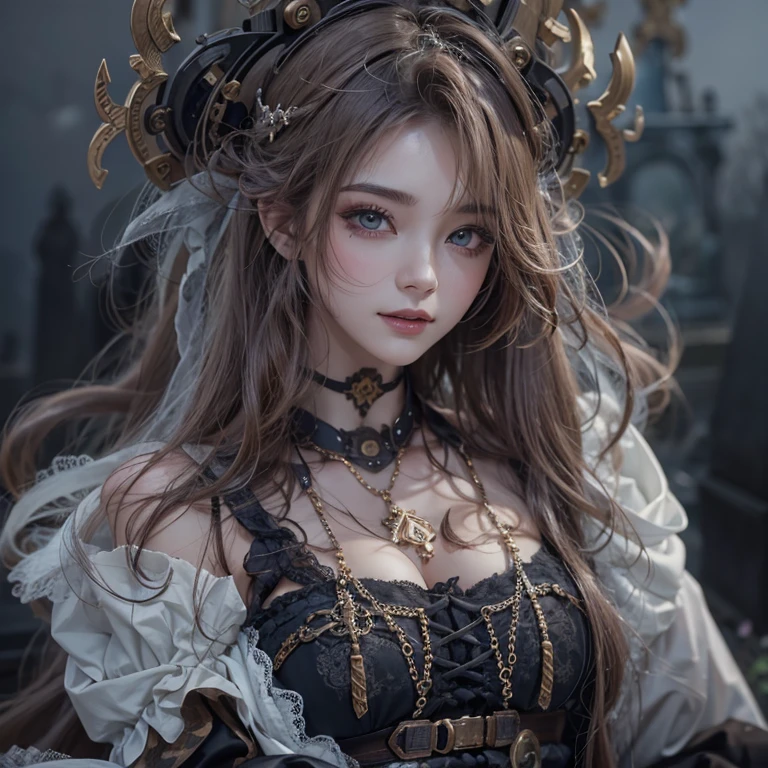 Standing in the grave、Hair Flow、 ((Highest quality、masterpiece、8k、Best image quality、Ultra-high resolution、Award-winning works)、(Accurate anatomy:1.1)、(Look at me and smile:1.1)、Shining fair skin with Ultra-high resolution、The most detailed face、Ultra-high resolution detailed face、Ultra-high resolutionの髪の毛、(Ultra-high resolution eye:1.1)、Beautiful face drawn in every detail、Steampunk costumes, Chest to chest, Strange atmosphere, Ghosts flow, Dark Light, At the cemetery, Heavy makeup
