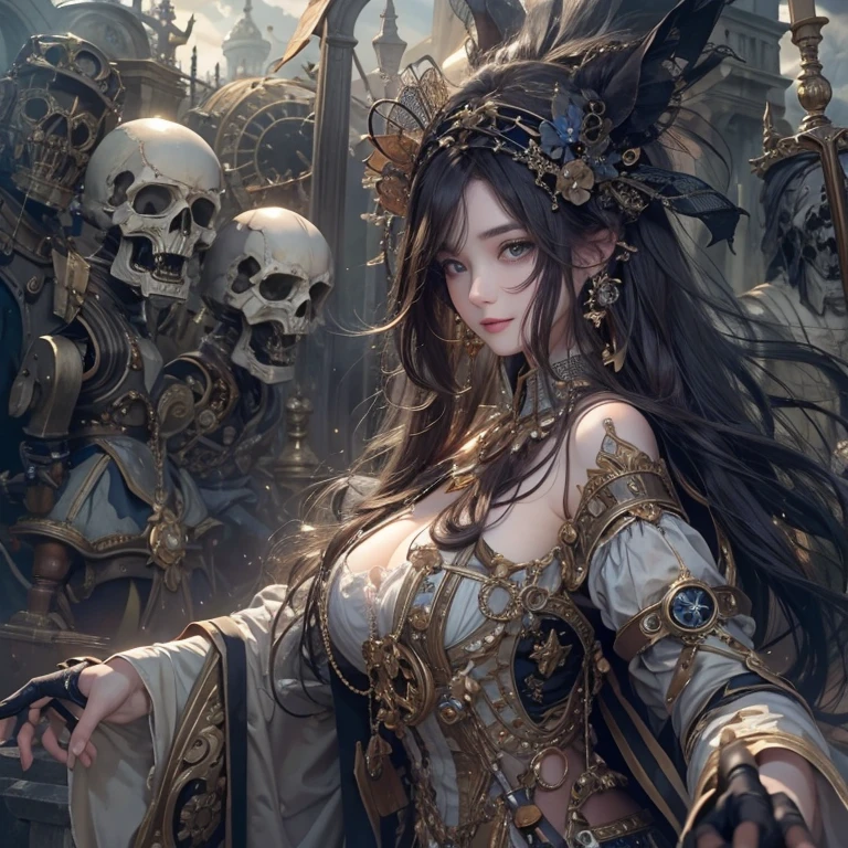 Standing in the grave、Hair Flow、 ((Highest quality、masterpiece、8k、Best image quality、Ultra-high resolution、Award-winning works)、(Accurate anatomy:1.1)、(Look at me and smile:1.1)、Shining fair skin with Ultra-high resolution、The most detailed face、Ultra-high resolution detailed face、Ultra-high resolutionの髪の毛、(Ultra-high resolution eye:1.1)、Beautiful face drawn in every detail、Steampunk costumes, Chest to chest, Strange atmosphere, Ghosts flow, Dark Light, At the cemetery, Heavy makeup