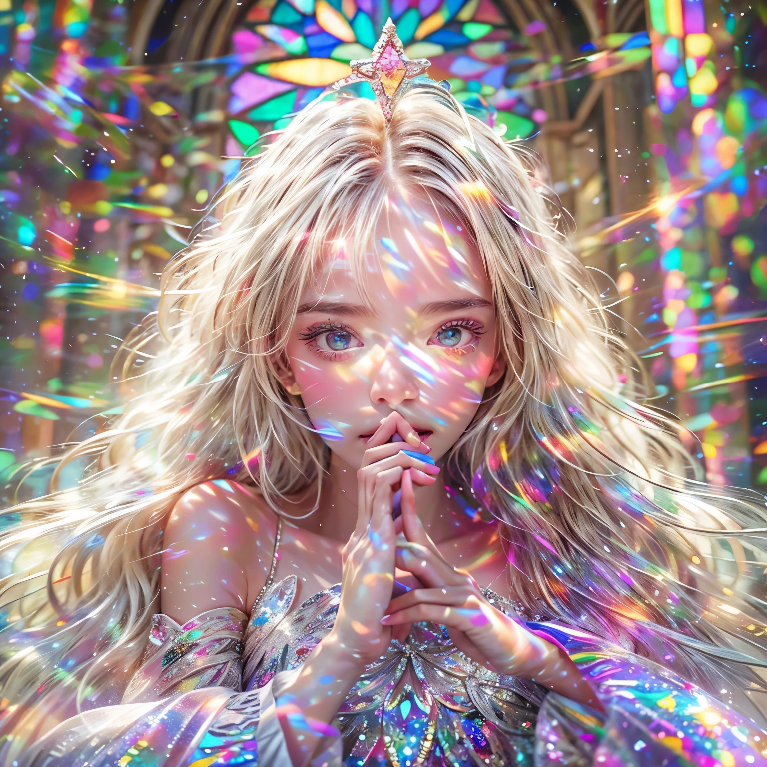 (Cathedral from below:1.28) (BokeH ZoomLayer) TopQuality 8K masterpiece of ((Professional photo)), (((Clarisse de Cagliostro))) (Detailed White WeddingDresses), Chain, (CloseUp of (Extremely detailed (KAWAII face))) {((VeiledFace))|BlondeHair|(Elaborate BuleEyes)with(SparklingHighlights:1.28)}, The background is distant (((Elaborate stained glass))) Rainbow Glass, {(MysticSight)|EnchantingAtmosphere|Haze|(GodRays)|TyndallEffect}, Radiant PearlSkin with Transparency, (Exposed:0.64), BluB
