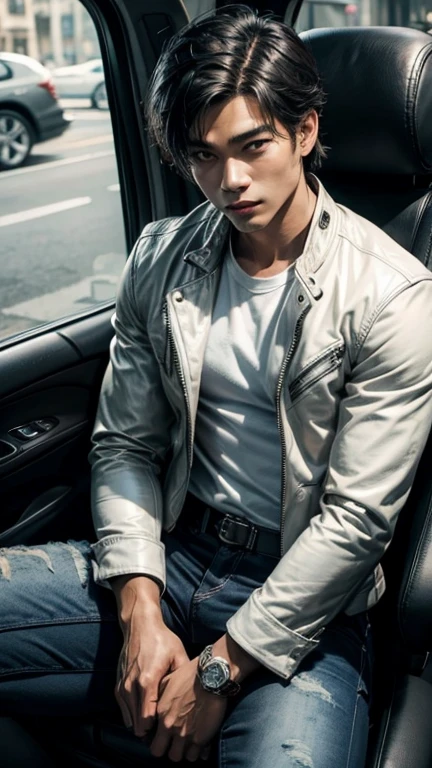 solo , 1man , thai man Sitting , leather jacket , white shirt , black jeans , happy face , sit