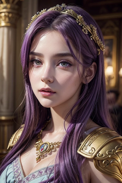 a pretty young woman with purple hair, beautiful detailed eyes, beautiful detailed lips, extremely detailed face, long eyelashes, portrait, greek goddess, athena goddess of wisdom and war, intricate ornate armor, elegant flowing dress, dramatic lighting, cinematic composition, digital painting, vibrant colors, masterpiece, photorealistic, hyperrealistic, 8k, best quality