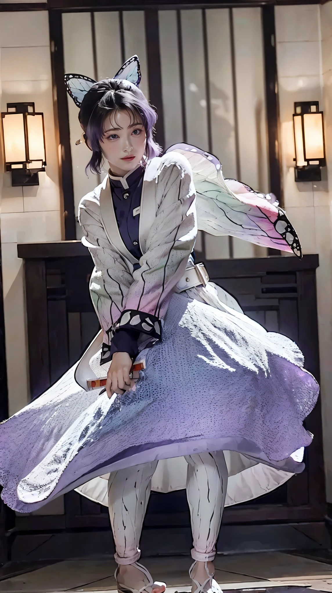 Moisturized skin, (purple eyes: 1.4), perfect body, (adult female body), embarrassed expression, shy, ((shy)), does not make eye contact, (smiling: 1.4),
BREAK,
,bright red lipstick,
BREAK,
(long bangs at both ends: 1.2),(purple tips),
BREAK,
((masterpiece + highest quality + high resolution + highly detailed)), (full body: 1.2), symmetrical, one shot,
BREAK,
(butterflies fluttering), (wind blowing),(battle stance: 1.4),((big full moon in the sky)),
BREAK,
(Kocho Shinobu: 1.3), graceful,(floating in the air: 1.2),