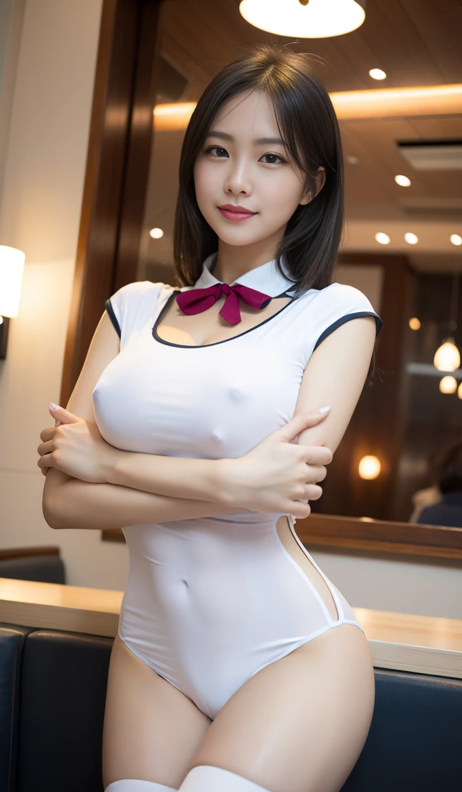 (8K, RAW photos, best quality, masterpiece:1.2), (Practical, photo-Practical:1.37), Extremely detailed,
1 girl,Lovely, Solitary,Beautiful and detailed sky,Detail of cafe,night,sit,Dating,(Red and swollen nose),(Smile:1.1),(Shut up),Large Breasts, seductive Smile, Big Apartment, Professional lighting, Sony A7R4, Jersey 50mm F1.8,,Cross your arms behind your head:1.5,Moles under the eyes:1.2 medium sized breasts,Beautiful and delicate eyes,(See-through transparent tulle white sexy dress:1.1), bow tie,Pleated Skirt,(short hair:1.2),Flowing hair,Hair bun showing neck。Full body view,Start from below,Beautiful posture,All-seeing thighs