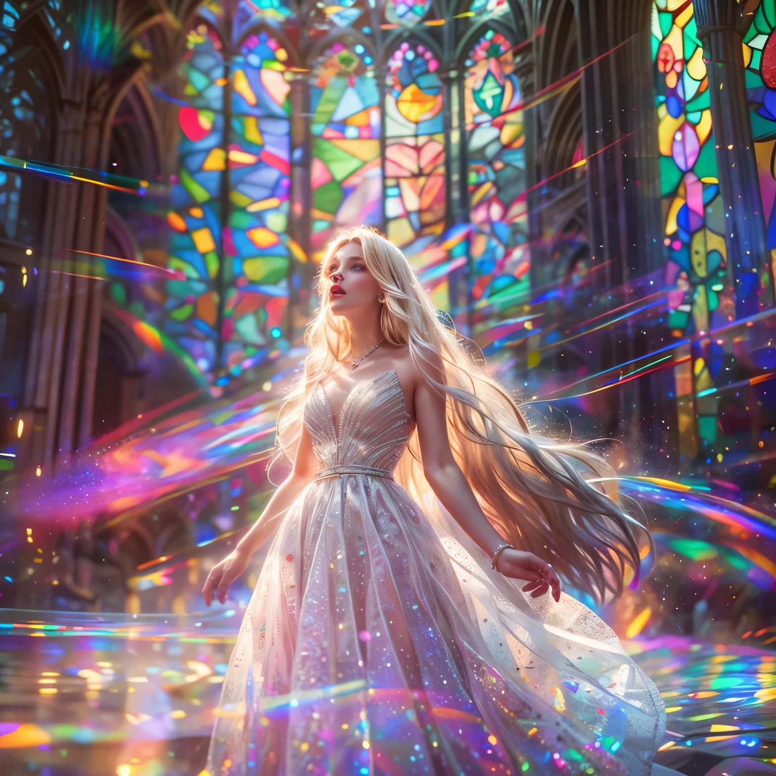 (Cathedral from below:1.28)  (BokeH ZoomLayer) TopQuality 8K masterpiece of ((Professional photo)), (((Clarisse de Cagliostro))) (Detailed White WeddingDresses), Chain, (CloseUp of (Extremely detailed (KAWAII face))) {((VeiledFace))|BlondeHair|(Elaborate BuleEyes)with(SparklingHighlights:1.28)}, The background is distant (((Elaborate stained glass))) Rainbow Glass, {(MysticSight)|EnchantingAtmosphere|Haze|(GodRays)|TyndallEffect}, Radiant PearlSkin with Transparency, (Exposed:0.64), BluB