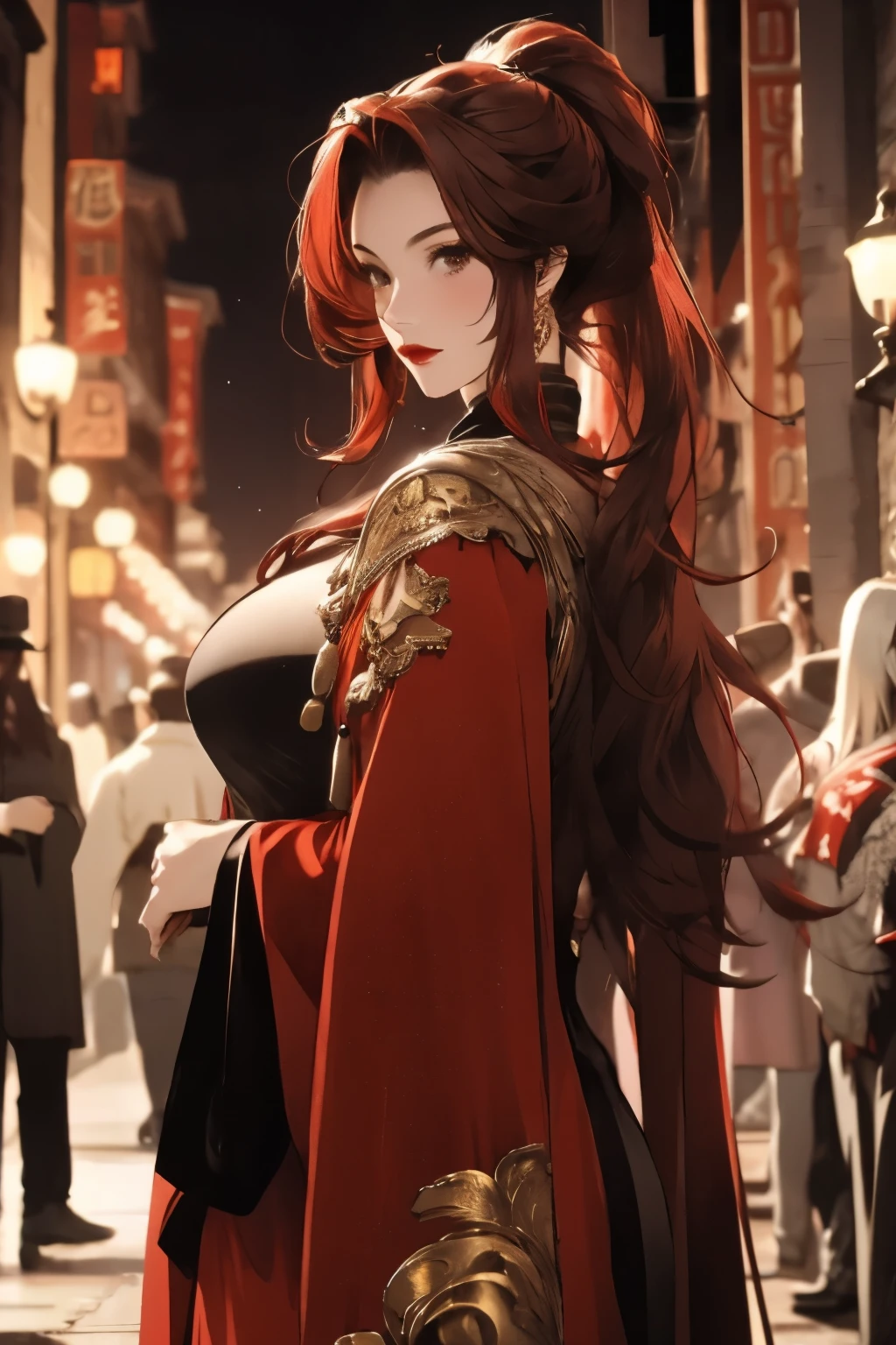 realistic, high resolution, hips up, Masterpiece, 18 year old girl, red hair, high ponytail, big breasts, golden eyes, red lips, high nose, Colorful coat, Large clothing,  decorations, Taoist cloak