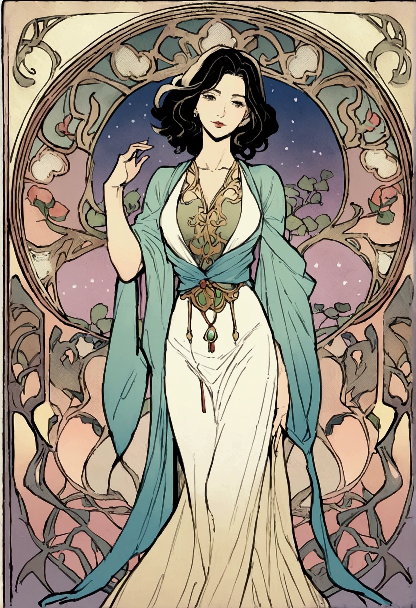 Solo Girl,(Mature Woman,Age 35),Tarot card style background, Art Nouveau style, beautiful