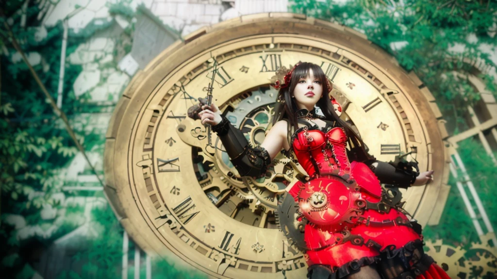 there is a woman in a red dress standing in front of a clock, vivid steampunk concept, steampunk beautiful anime woman, goddess of time, clockwork woman, steampunk fantasy style, clockwork steampunk, clockpunk, anime girl cosplay, steampunk imagery themed, anime cosplay, portrait of magical ta girl, steampunk style, steampunk fantasy, cosplay photo, clockwork, steampunk girl