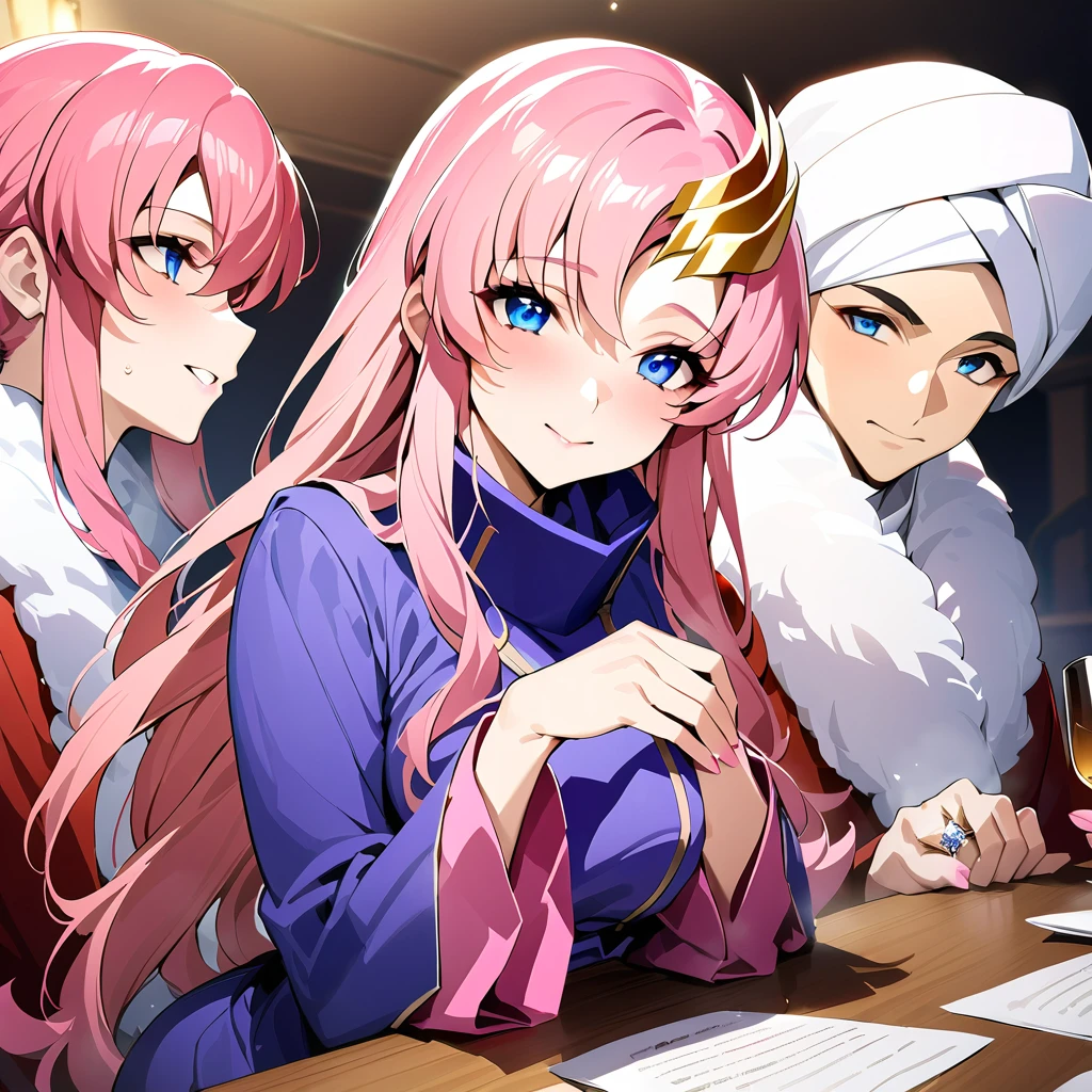 ((Highest quality)), ((masterpiece)), (detailed), (Perfect Face)、The woman is Lacus Clyne, with blue eyes, medium-long pink hair, a hair accessory, and an engagement ring.、The woman is a devout follower of a suspicious religious group, serves the guru, attends meetings with the followers, and is embraced by the guru.