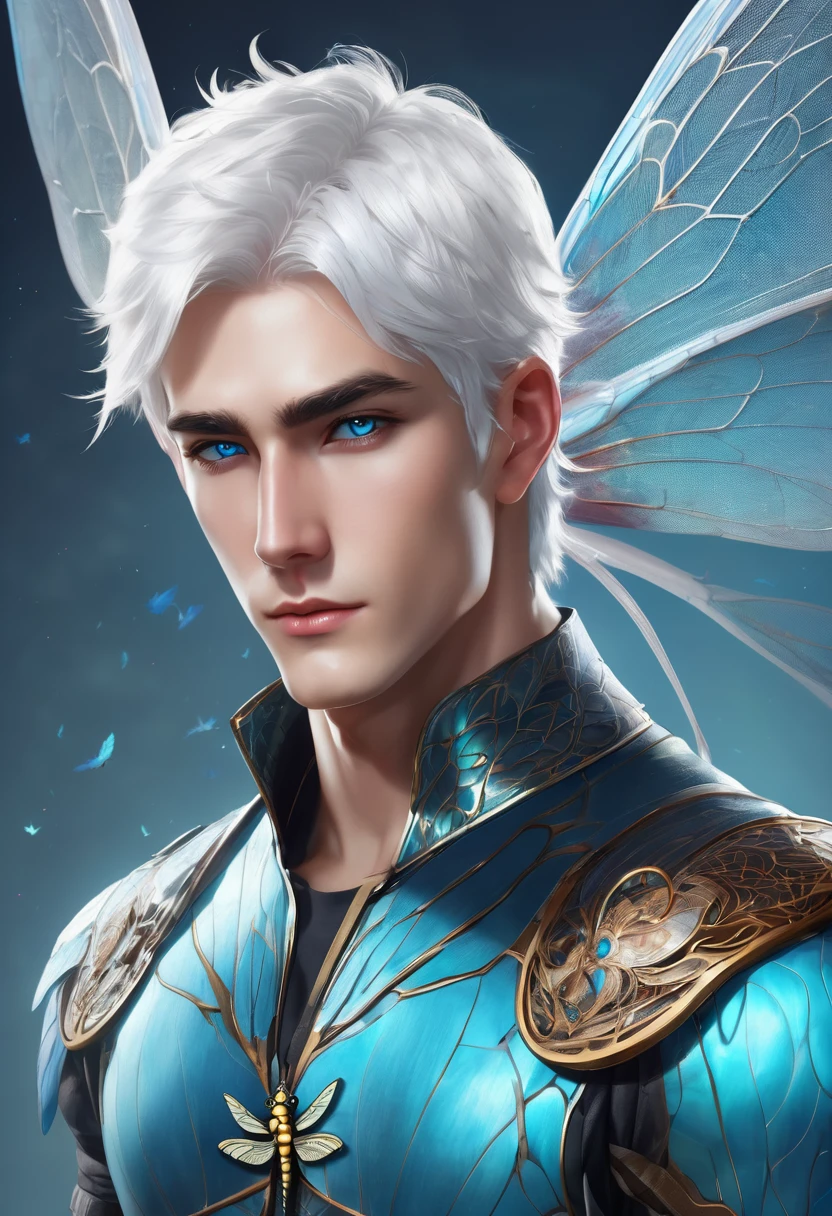 Create a handsome 22 year old man with white hair, blue eyes, White skin, pointy ears, with muscle and dragonfly wings on the back, with light blue background