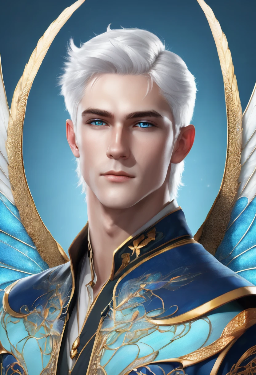 Create a handsome 22 year old man with white hair, blue eyes, White skin, pointy ears, with muscle and dragonfly wings on the back, with light blue background