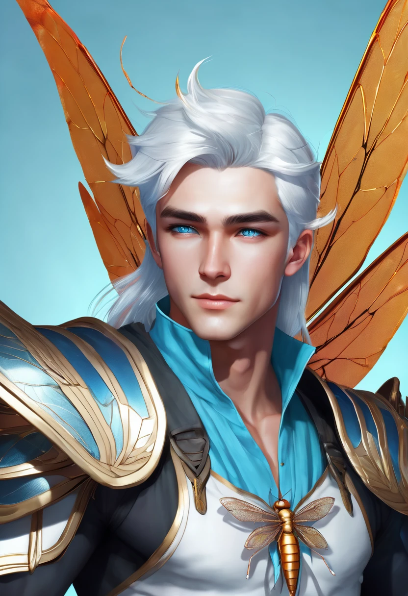 Create a handsome 22 year old man with white hair, blue eyes, White skin, pointy ears, with muscle and dragonfly wings on the back, with light blue background