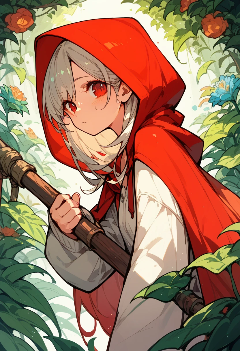 Little Fairy Girl、Red Hood、A huge weapon as tall as a person、garden、plant、Pull angle
