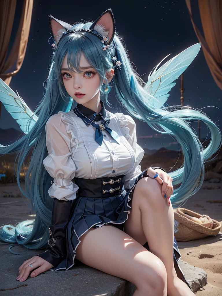 Goddess, Hatsune Miku, Gradient Eyes, Watery Big Eyes, Colored Eyelashes, Beautiful Eyes, Lipstick, Cat Mouth, Rabbit Ears, Angry, Hair Over the Shoulder, Blue Hair, Asymmetric Bangs, Double Braids, Lolita Hair Accessories, Hairpins, Stud Earrings, Colars, Rings, Pendants, Brooches, Corsages, Ribbons, JK Uniforms, Fishnet Socks, Butterfly Wings, Legs Entwined, Ten Fingers Interlocked, Staddling, Library, Bust, Delicate Facial Features, Perfect Face, , Multiple Girls, Student, Short Eyebrows, Watery Big Eyes, Chestnut Mouth, Lipstick, Animal ears, annoyances, long hair, blue hair, crossed bangs, messy hair, Lolita hair accessories, bracelets, sapphire brooches, necklaces, nail polish, JK uniforms, pleated skirts, lace, bare feet, one-legged pantyhose, sitting sideways, learning to bark, tied to a cross, hands on someone else's waist, dusk, hills, desert, wasteland, atmospheric light, Tyndall effect, natural light  