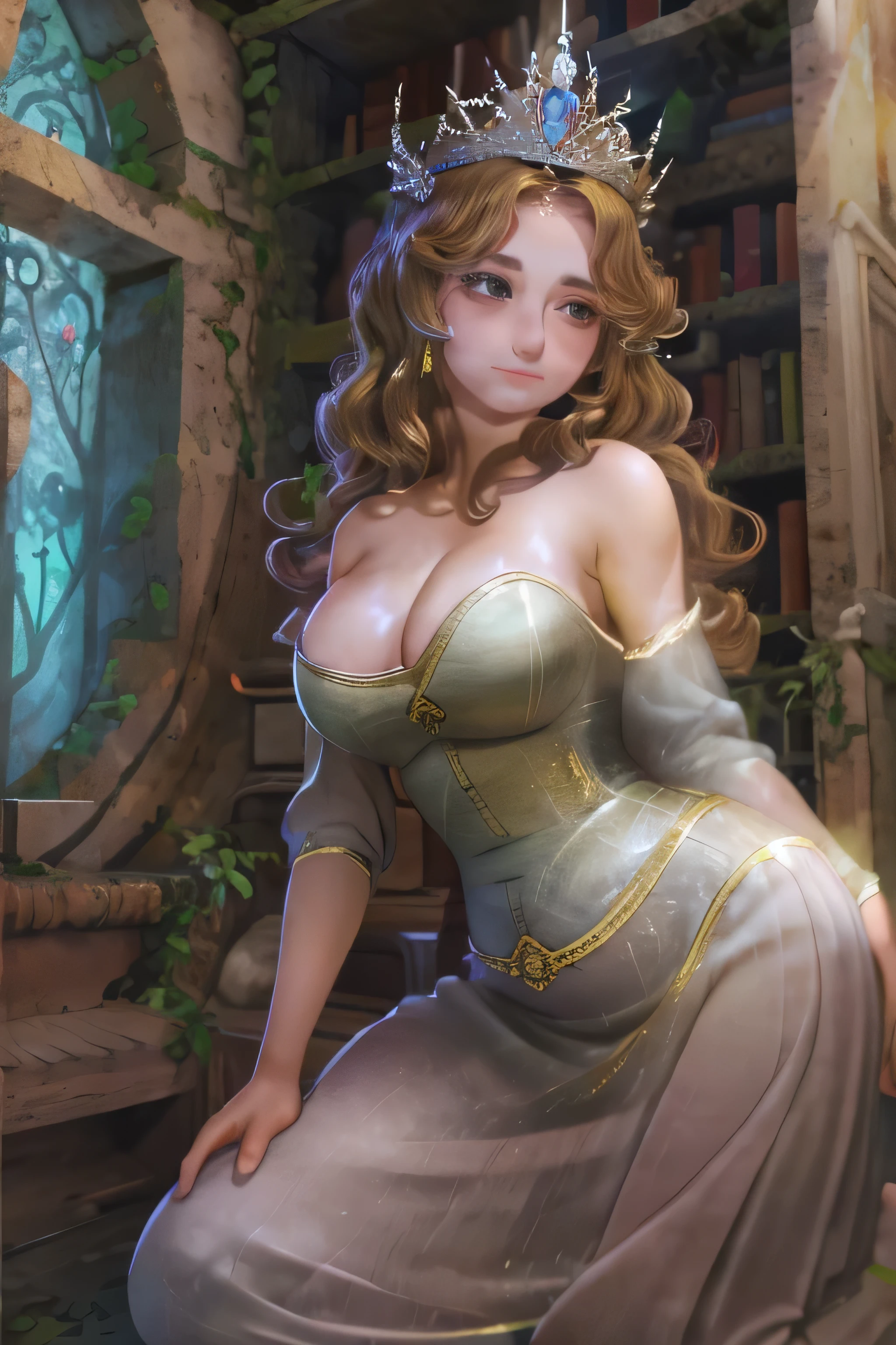 1woman, (masterpiece:1.3), best quality, (extremely detailed:1.3), clothed midsection, top heavy body, full stomach, red belly,  one princess kneeling in a stone rooms, large innocent eyes, unique forehead, unique nose, bare shoulders, off the shoulders dress, medium cleavage, push up cleavage, bursting cleavage, platinum blonde long hair, small tiara on head, (sad emotions:1.5) , tight top dress with long a billowing bottom dress, cold colors, window with the moon, moonlight specular moonlight, (stone a wood basement background:1.3), BarbraEvenot face, big belly, love handles, covered navel