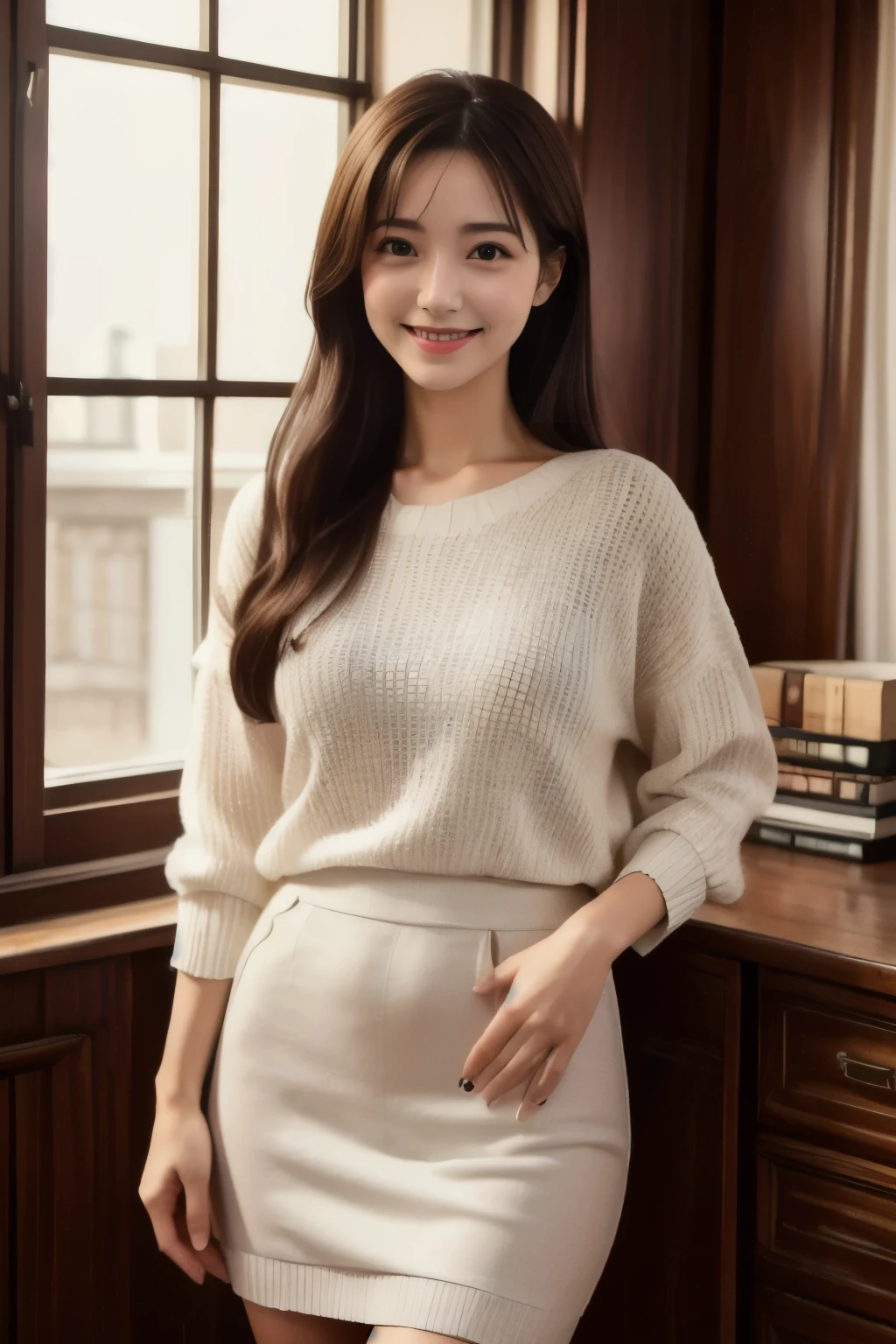 (best quality,highres,ultra-detailed),1woman at a small desk ,beautiful, kindly smiling, wearing a white Blause and a long shallow yellow skirt, 