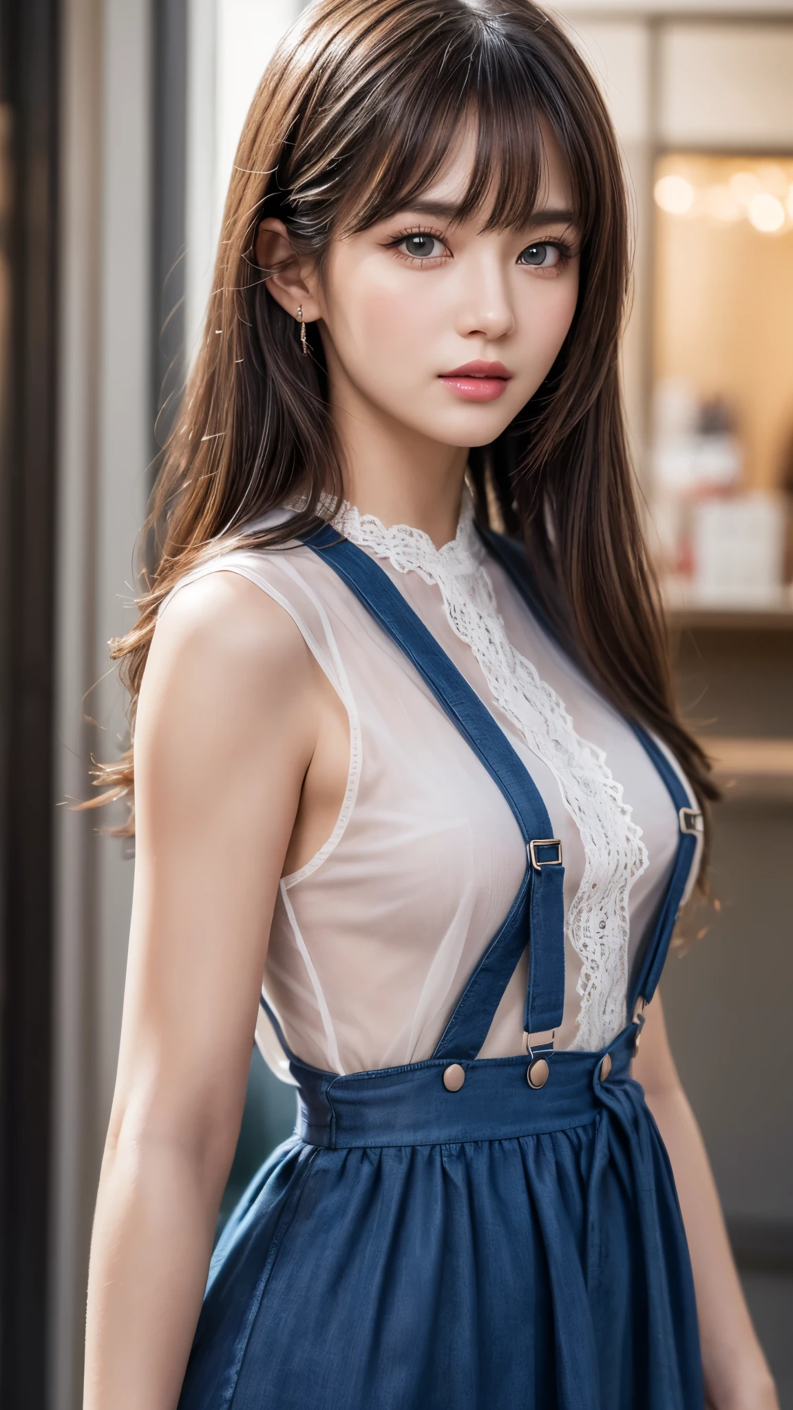 (best quality,8k,High resolution,masterpiece:1.2)，Digital artwork，A cute girl，Sweet lady，Twenty generations，portrait，Detailed face，delicate eyes，long hair，side swept bangs，blue eyes，Pink lips，Suspenders，fashionable dress，see through dress，8k分辨率，High-quality CG，fair