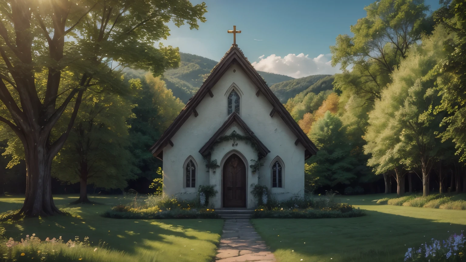 /imagine prompt: A beautiful chapel in a lush grassy field, the chapel's stone structure adorned with ivy and surrounded by colorful flowers, rolling hills and a distant forest in the background, golden sunlight illuminating the scene, calm and spiritual ambiance, Painting, oil on canvas with rich textures, --ar 16:9 --v 5