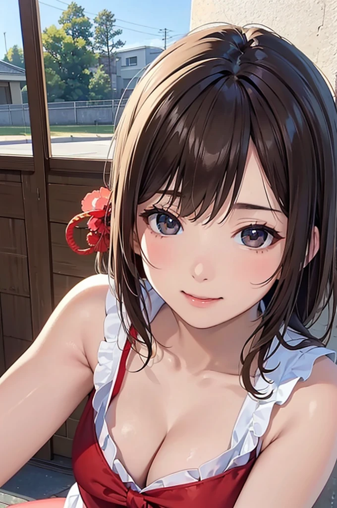 15-year-old student、Brown haired、Beautiful Eyes、Realistic Skin、high school girl、、(8k、masterpiece)、(Realistic、Photorealistic)、Highest quality、Very detailed、Ultra-detailed、Beauty、cute、Japanese、Laughter、Close-up portrait、Healthy Face、Japanese shrine maiden costume、Cleavage、