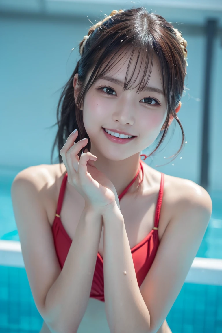 ((スポーツSwimwear:1.3)), Swimwear, Skin color, big , smile, (8k, RAW Photos, Highest quality, masterpiece:1.2), masterpiece, super detailed, super high quality, (Realistic and photorealistic photography:1. 37), High-resolution RAW color photos, Very delicate and beautiful, highly detailed, 8k wallpaper, wonderful, detailed, Very eye, very detailed, very detailed skin, very thin fingers, very detailed nose, very detailed mouth, Perfect Anatomy, Upper Body, swimming, Transparency, tiny Swimwear, Nogizaka Idol, Korean Idol, Idol sculpture'Pause, 18-year-old, cheap, Cafe, restaurant, Italy, deer, Australia, break ((Upper Eye)), ((angle From above: 1. 3)), From above, Looking into the camera,