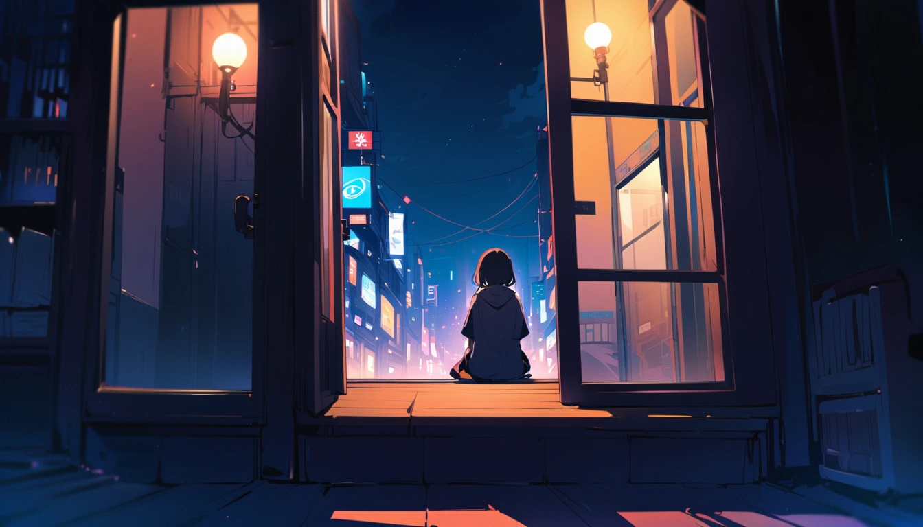 sitting next to a big window、Outside the window is the city at night、Horizontal composition