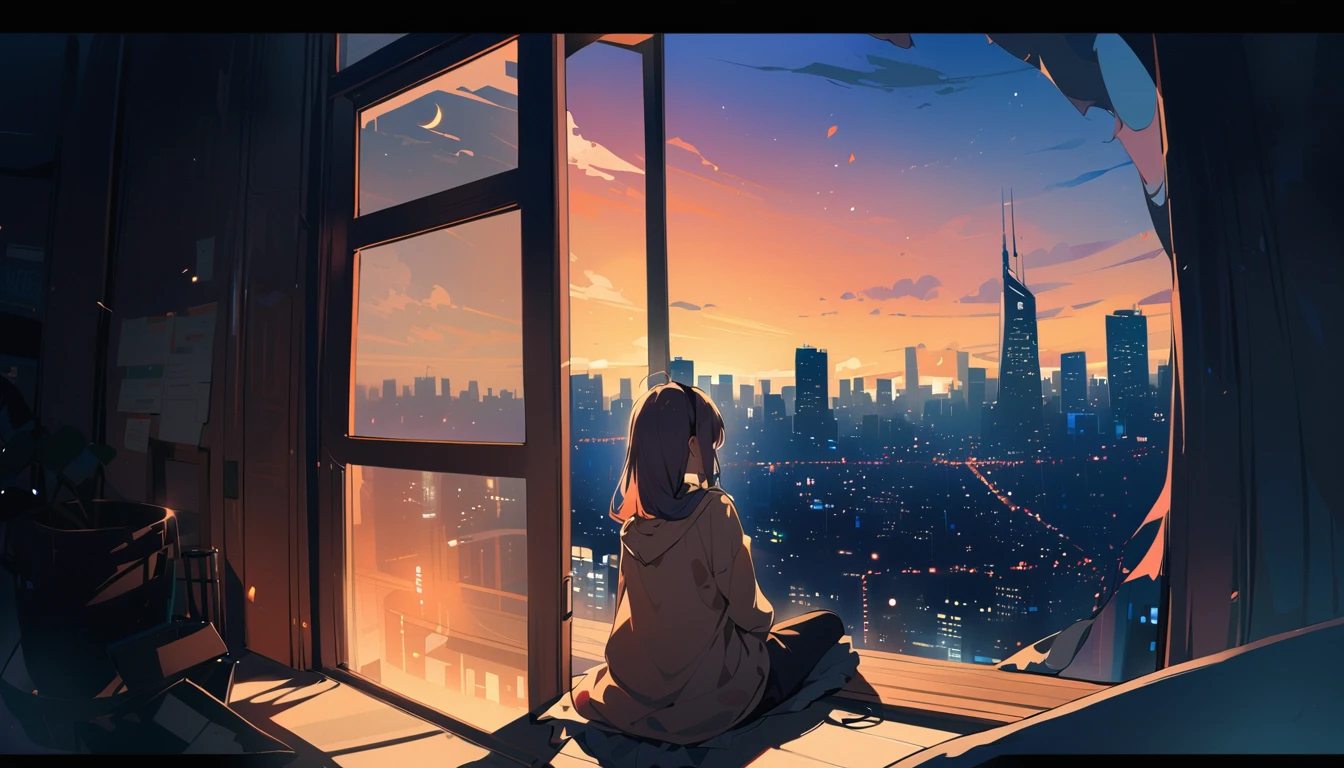 sitting next to a big window、Outside the window is the city at night、Horizontal composition