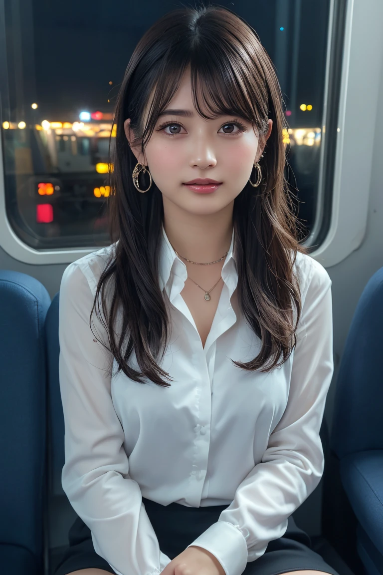 ((Upper Body))、(masterpiece:1.3), High resolution, Very detailed, Highly detailed CG Unity 8K wallpapers, Realistic, photo-Realistic, RAW Photos, Beautifully detailed face, Pale skin, Realistic glistening skin, Detailed cloth texture, Detailed hair texture, Perfect Style, Beautiful Face, Accurate, Anatomically correct, Very detailed顔と肌の質感, fine grain, Brown eyes, double eyelid, Thin eyebrows, (Droopy eyes:0.65), (Glitter Eyeliner:1.2), Natural Cheeks, Glowing Skin, (Fair skin:1.2), Shiny necklace and earrings, (Glossy Lips: 1.4),
break
(Classy and cute girl:1.3), (High ponytail hairstyles, Wavy Hair, Dark brown hair), (Captivating smile:1.2) (Wear an elegant business suit:1.3), (Black Stockings), Medium large breasts,
break
((Cowboy Shot:1.2)), (Cross-legged sitting pose:1.4), At the train door, ((Night city view:1.2)),