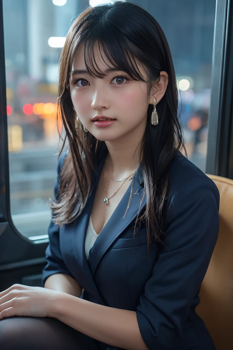 ((Upper Body))、(masterpiece:1.3), High resolution, Very detailed, Highly detailed CG Unity 8K wallpapers, Realistic, photo-Realistic, RAW Photos, Beautifully detailed face, Pale skin, Realistic glistening skin, Detailed cloth texture, Detailed hair texture, Perfect Style, Beautiful Face, Accurate, Anatomically correct, Very detailed顔と肌の質感, fine grain, Brown eyes, double eyelid, Thin eyebrows, (Droopy eyes:0.65), (Glitter Eyeliner:1.2), Natural Cheeks, Glowing Skin, (Fair skin:1.2), Shiny necklace and earrings, (Glossy Lips: 1.4),
break
(Classy and cute girl:1.3), (High ponytail hairstyles, Wavy Hair, Dark brown hair), (Captivating smile:1.2) (Wear an elegant business suit:1.3), (Black Stockings), Medium large breasts,
break
((Cowboy Shot:1.2)), (Cross-legged sitting pose:1.4), At the train door, ((Night city view:1.2)),