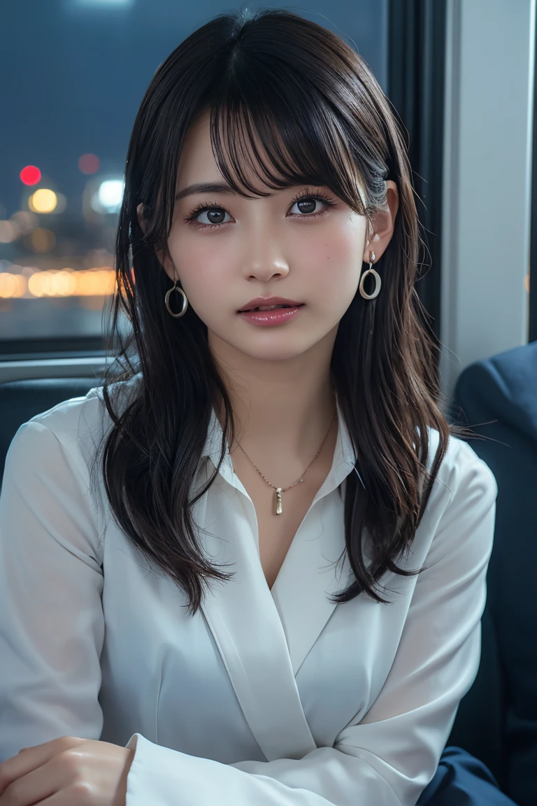 ((Upper Body))、(masterpiece:1.3), High resolution, Very detailed, Highly detailed CG Unity 8K wallpapers, Realistic, photo-Realistic, RAW Photos, Beautifully detailed face, Pale skin, Realistic glistening skin, Detailed cloth texture, Detailed hair texture, Perfect Style, Beautiful Face, Accurate, Anatomically correct, Very detailed顔と肌の質感, fine grain, Brown eyes, double eyelid, Thin eyebrows, (Droopy eyes:0.65), (Glitter Eyeliner:1.2), Natural Cheeks, Glowing Skin, (Fair skin:1.2), Shiny necklace and earrings, (Glossy Lips: 1.4),
break
(Classy and cute girl:1.3), (High ponytail hairstyles, Wavy Hair, Dark brown hair), (Captivating smile:1.2) (Wear an elegant business suit:1.3), (Black Stockings), Medium large breasts,
break
((Cowboy Shot:1.2)), (Cross-legged sitting pose:1.4), At the train door, ((Night city view:1.2)),