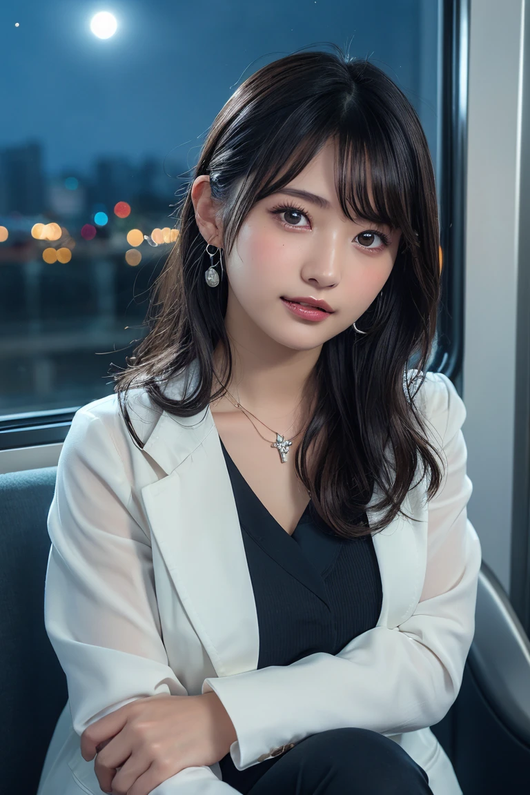 ((Upper Body))、(masterpiece:1.3), High resolution, Very detailed, Highly detailed CG Unity 8K wallpapers, Realistic, photo-Realistic, RAW Photos, Beautifully detailed face, Pale skin, Realistic glistening skin, Detailed cloth texture, Detailed hair texture, Perfect Style, Beautiful Face, Accurate, Anatomically correct, Very detailed顔と肌の質感, fine grain, Brown eyes, double eyelid, Thin eyebrows, (Droopy eyes:0.65), (Glitter Eyeliner:1.2), Natural Cheeks, Glowing Skin, (Fair skin:1.2), Shiny necklace and earrings, (Glossy Lips: 1.4),
break
(Classy and cute girl:1.3), (High ponytail hairstyles, Wavy Hair, Dark brown hair), (Captivating smile:1.2) (Wear an elegant business suit:1.3), (Black Stockings), Medium large breasts,
break
((Cowboy Shot:1.2)), (Cross-legged sitting pose:1.4), At the train door, ((Night city view:1.2)),