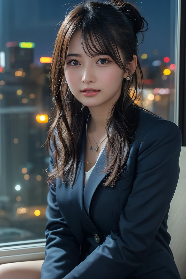 ((Upper Body))、(masterpiece:1.3), High resolution, Very detailed, Highly detailed CG Unity 8K wallpapers, Realistic, photo-Realistic, RAW Photos, Beautifully detailed face, Pale skin, Realistic glistening skin, Detailed cloth texture, Detailed hair texture, Perfect Style, Beautiful Face, Accurate, Anatomically correct, Very detailed顔と肌の質感, fine grain, Brown eyes, double eyelid, Thin eyebrows, (Droopy eyes:0.65), (Glitter Eyeliner:1.2), Natural Cheeks, Glowing Skin, (Fair skin:1.2), Shiny necklace and earrings, (Glossy Lips: 1.4), 
break
 (Classy and cute girl:1.3), (High ponytail hairstyles, Wavy Hair, Dark brown hair), (Captivating smile:1.2) (Wear an elegant business suit:1.3), (Black Stockings), Medium large breasts, 
break
 ((Cowboy Shot:1.2)), (Cross-legged sitting pose:1.4), At the train door, ((Night city view:1.2)),