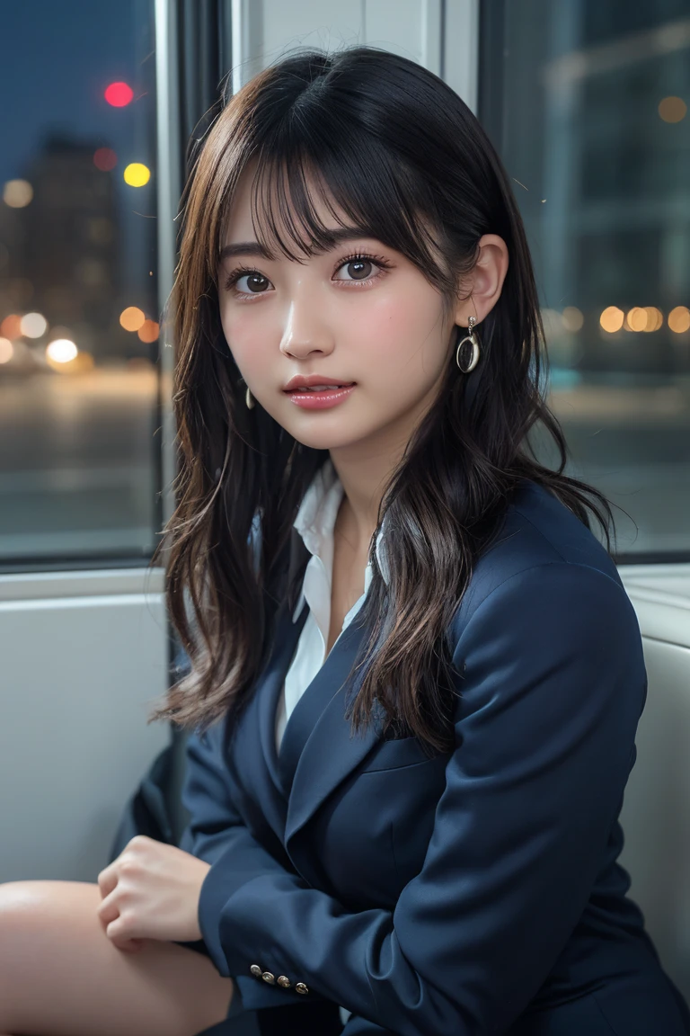 ((Upper Body))、(masterpiece:1.3), High resolution, Very detailed, Highly detailed CG Unity 8K wallpapers, Realistic, photo-Realistic, RAW Photos, Beautifully detailed face, Pale skin, Realistic glistening skin, Detailed cloth texture, Detailed hair texture, Perfect Style, Beautiful Face, Accurate, Anatomically correct, Very detailed顔と肌の質感, fine grain, Brown eyes, double eyelid, Thin eyebrows, (Droopy eyes:0.65), (Glitter Eyeliner:1.2), Natural Cheeks, Glowing Skin, (Fair skin:1.2), Shiny necklace and earrings, (Glossy Lips: 1.4), 
break
 (Classy and cute girl:1.3), (High ponytail hairstyles, Wavy Hair, Dark brown hair), (Captivating smile:1.2) (Wear an elegant business suit:1.3), (Black Stockings), Medium large breasts, 
break
 ((Cowboy Shot:1.2)), (Cross-legged sitting pose:1.4), At the train door, ((Night city view:1.2)),