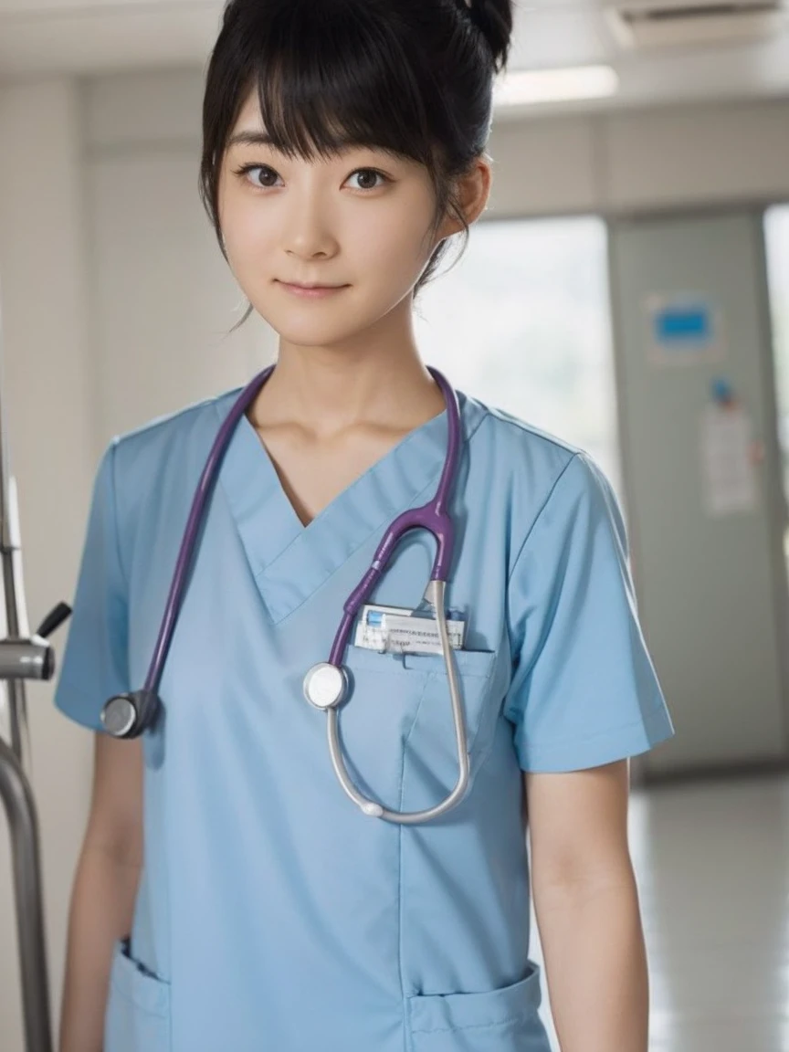 girl, alone, Bun Hair, Medical scrub、White scrub、Female nurse、Hold in hand、Short sleeve、Long trousers、Name tag, (ID card)、strap, (Stethoscope)、Hospital corridor、Warm lighting、sense of cleanliness