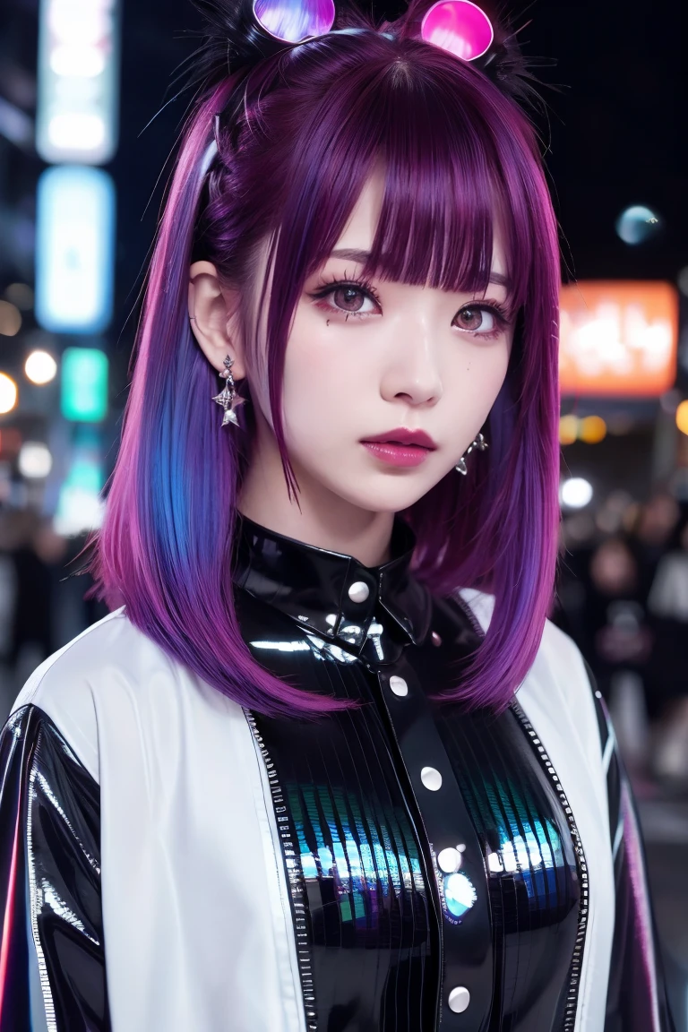 Redhead、Goth_punk, One Girl, alone, Medium Shot, Walking around Harajuku, ((at night)), Bokeh Depth of Field, Neon Light, Rainbow Eyes, Starry Sky, Red glowing hair, White eyebrows, Shiny Hair, (Iridescent white hair), Earrings, Bans, gem, mask, Blunt bangs, Veld's Eye, 口mask, Blurred背景, Blurred, hair ornaments, Look at the viewers, short hair, Portraiture, Side Lock