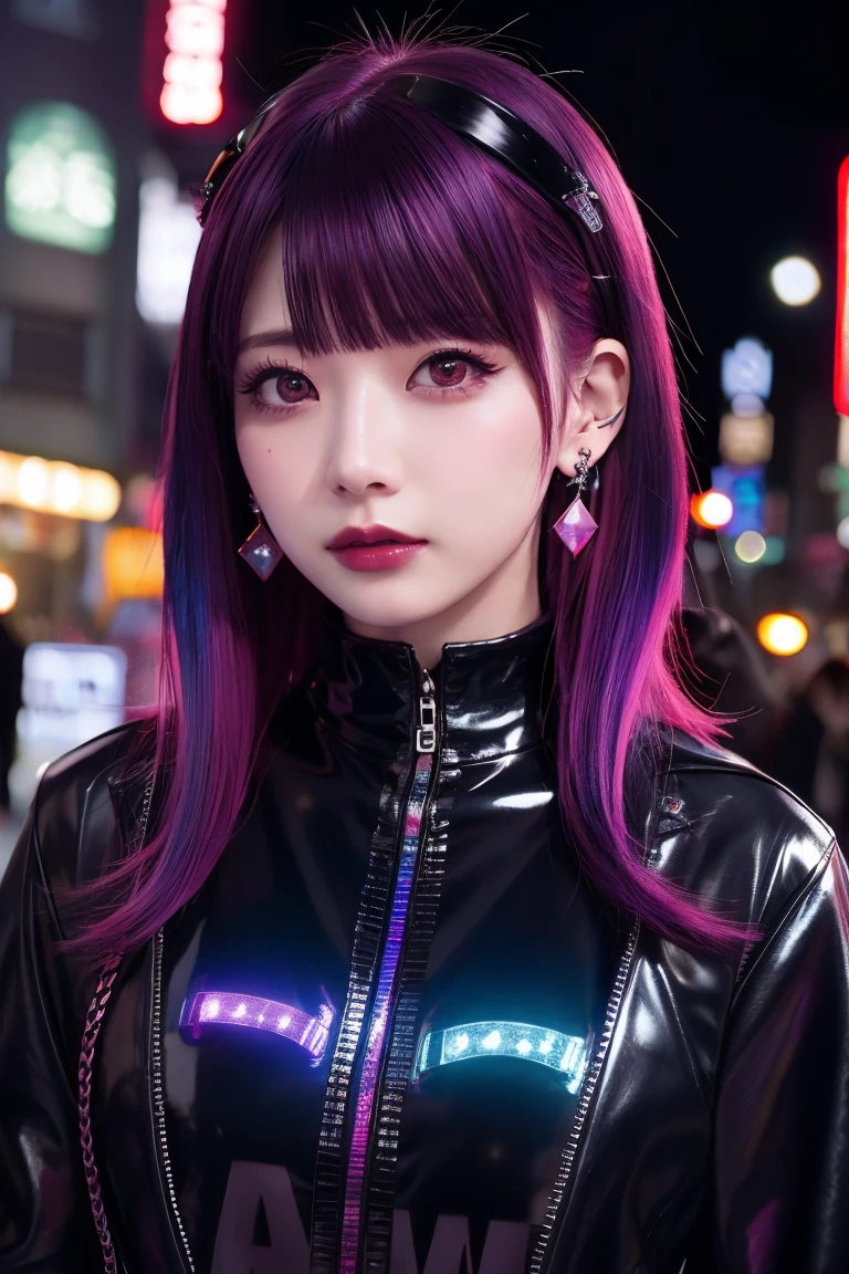 Redhead、Goth_punk, One Girl, alone, Medium Shot, Walking around Harajuku, ((at night)), Bokeh Depth of Field, Neon Light, Rainbow Eyes, Starry Sky, Red glowing hair, White eyebrows, Shiny Hair, (Iridescent white hair), Earrings, Bans, gem, mask, Blunt bangs, Veld&#39;s Eye, 口mask, Blurred背景, Blurred, hair ornaments, Look at the viewers, short hair, Portraiture, Side Lock