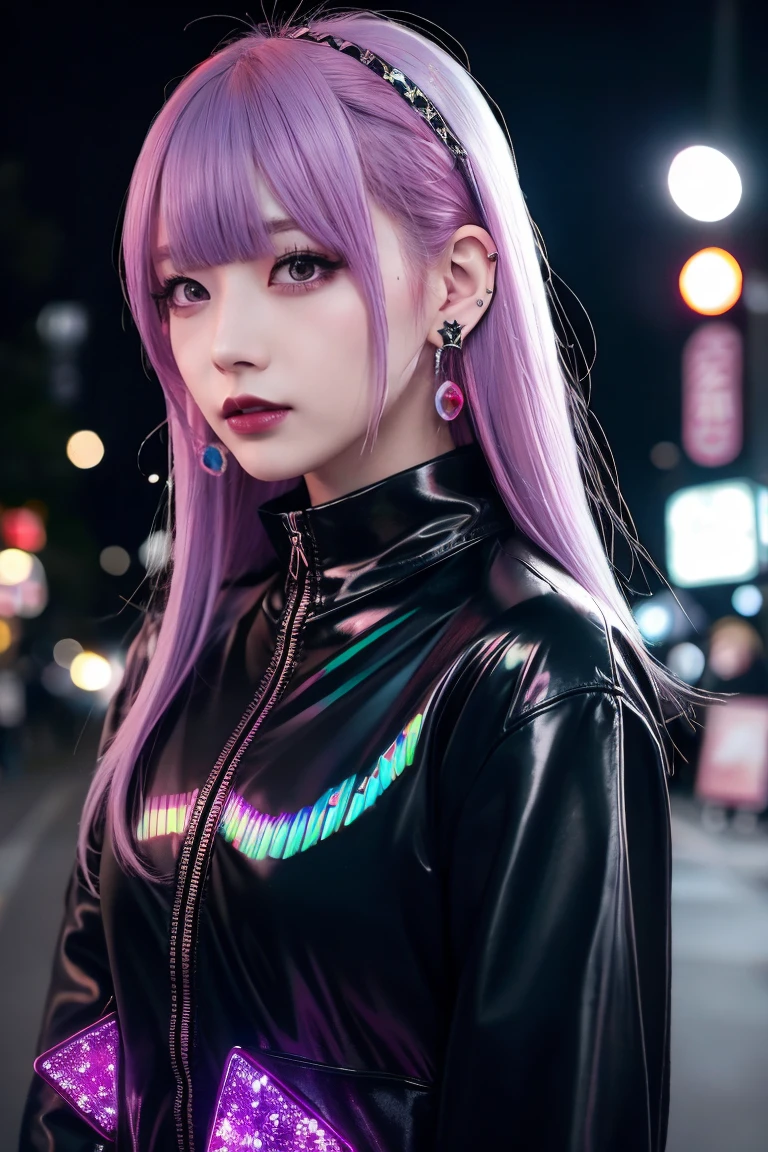 Redhead、Goth_punk, One Girl, alone, Medium Shot, Walking around Harajuku, ((at night)), Bokeh Depth of Field, Neon Light, Rainbow Eyes, Starry Sky, Red glowing hair, White eyebrows, Shiny Hair, (Iridescent white hair), Earrings, Bans, gem, mask, Blunt bangs, Veld's Eye, 口mask, Blurred背景, Blurred, hair ornaments, Look at the viewers, short hair, Portraiture, Side Lock