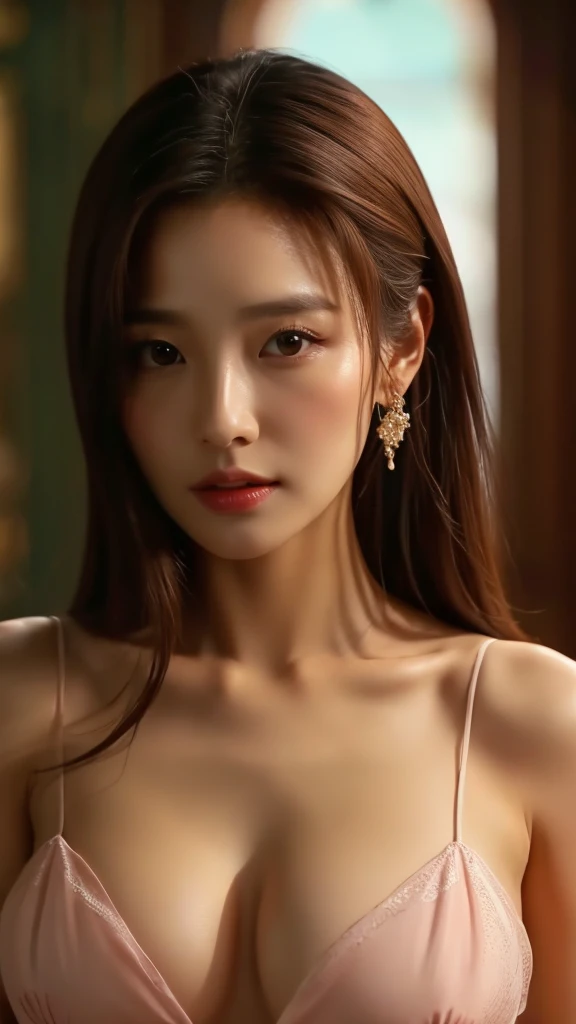 extreme close-up of beautiful beautiful korean female, 34 inch breasts size, wearing as lady dimitrescu, cinematic scene, UHD
