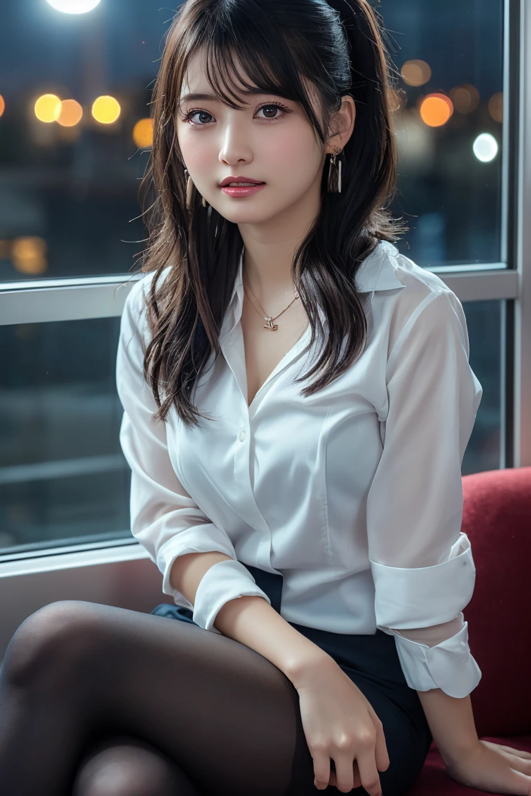 ((Upper Body))、(masterpiece:1.3), High resolution, Very detailed, Highly detailed CG Unity 8K wallpapers, Realistic, photo-Realistic, RAW Photos, Beautifully detailed face, Pale skin, Realistic glistening skin, Detailed cloth texture, Detailed hair texture, Perfect Style, Beautiful Face, Accurate, Anatomically correct, Very detailed顔と肌の質感, fine grain, Brown eyes, double eyelid, Thin eyebrows, (Droopy eyes:0.65), (Glitter Eyeliner:1.2), Natural Cheeks, Glowing Skin, (Fair skin:1.2), Shiny necklace and earrings, (Glossy Lips: 1.4),
break
(Classy and cute girl:1.3), (High ponytail hairstyles, Wavy Hair, Dark brown hair), (Captivating smile:1.2) (Wear an elegant business suit:1.3), (Black Stockings), Medium large breasts,
break
((Cowboy Shot:1.2)), (Cross-legged sitting pose:1.4), At the train door, ((Night city view:1.2)),