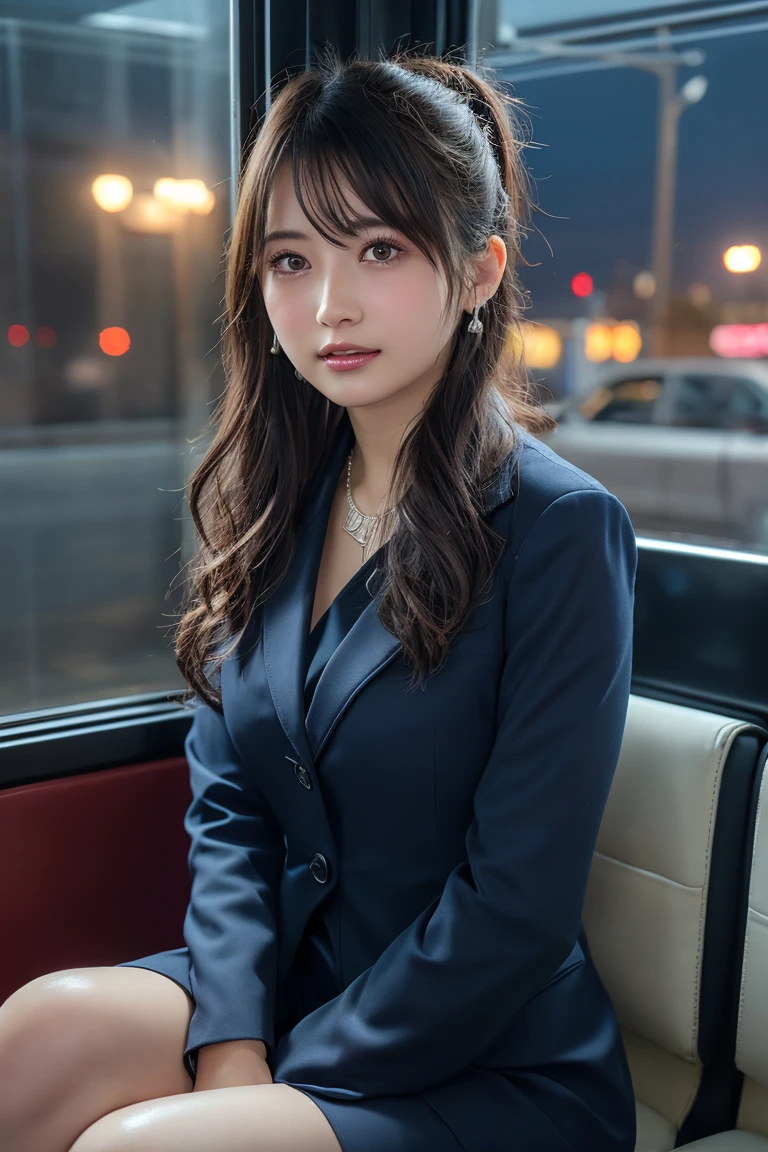 ((Upper Body))、(masterpiece:1.3), High resolution, Very detailed, Highly detailed CG Unity 8K wallpapers, Realistic, photo-Realistic, RAW Photos, Beautifully detailed face, Pale skin, Realistic glistening skin, Detailed cloth texture, Detailed hair texture, Perfect Style, Beautiful Face, Accurate, Anatomically correct, Very detailed顔と肌の質感, fine grain, Brown eyes, double eyelid, Thin eyebrows, (Droopy eyes:0.65), (Glitter Eyeliner:1.2), Natural Cheeks, Glowing Skin, (Fair skin:1.2), Shiny necklace and earrings, (Glossy Lips: 1.4),
break
(Classy and cute girl:1.3), (High ponytail hairstyles, Wavy Hair, Dark brown hair), (Captivating smile:1.2) (Wear an elegant business suit:1.3), (Black Stockings), Medium large breasts,
break
((Cowboy Shot:1.2)), (Cross-legged sitting pose:1.4), At the train door, ((Night city view:1.2)),