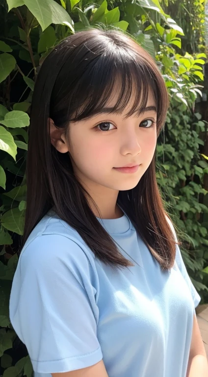 1girl in、15-years old、Esbian'Because of the loud boos, the lower part of her chest was visible.、A dark-haired、hotpants、pantiy、Beach、A slight smil、cleavage, decollete, decolletage