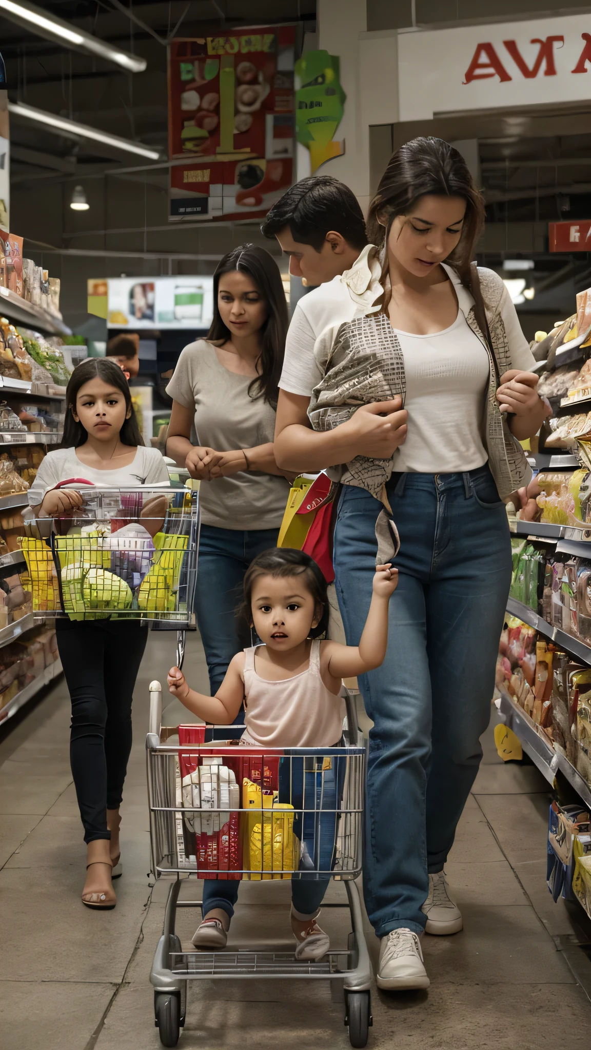 A family shopping at a supermarket with visible price tags, depicting consumer spending and the impact of inflation on everyday life.