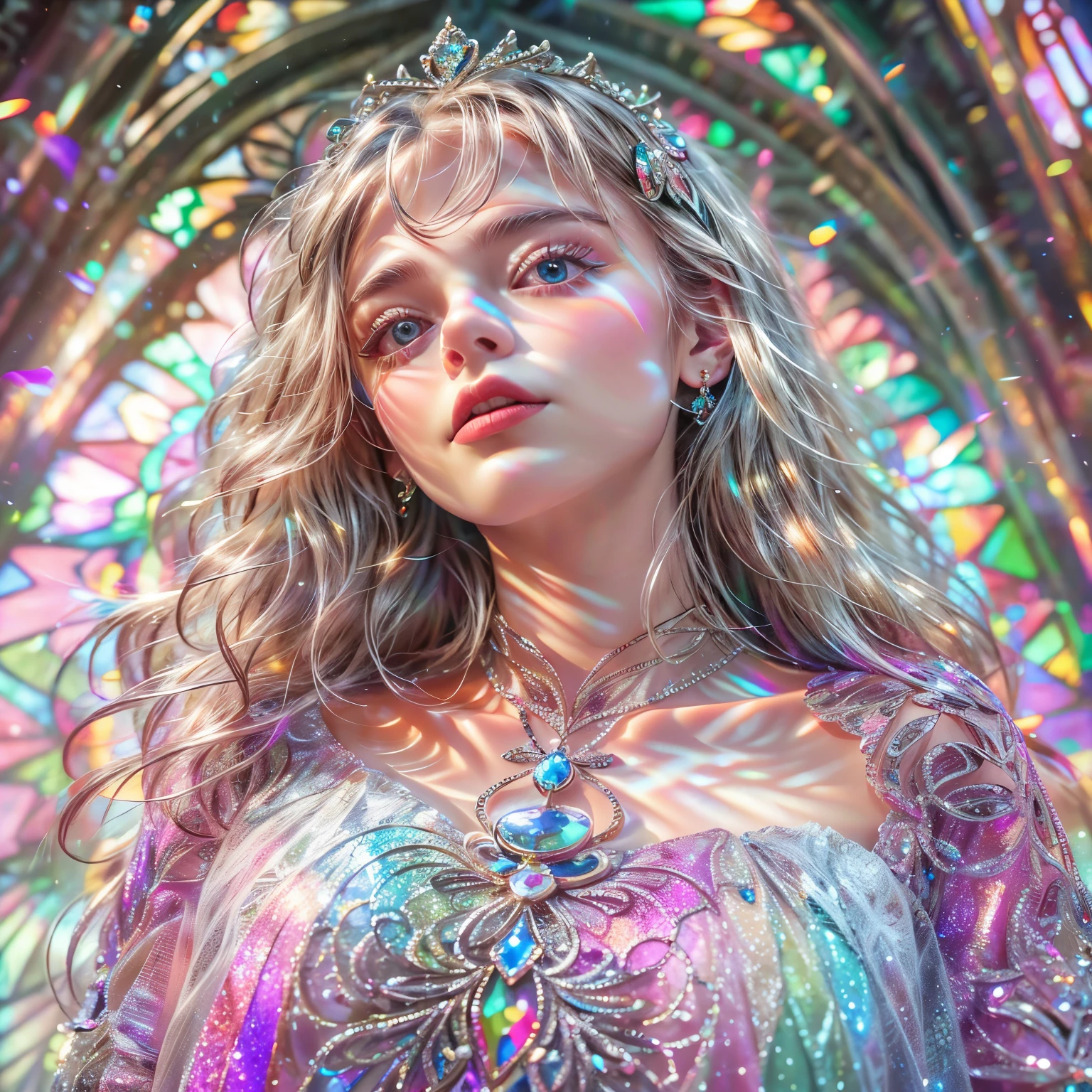 (Cathedral from below:1.28)  (BokeH ZoomLayer) (TopQuality 8K masterpiece of ((Professional photo:1.37))), (((Clarisse de Cagliostro))) (Detailed White WeddingDresses), Chain, (CloseUp of (Extremely detailed (KAWAII face))) {((VeiledFace))|BlondeHair|(Elaborate BuleEyes)with(SparklingHighlights:1.28)}, The background is distant (((Elaborate stained glass))) Rainbow Glass, {(MysticSight)|EnchantingAtmosphere|Haze|(GodRays)|TyndallEffect}, Radiant PearlSkin with Transparency, (Exposed:0.64), BluB