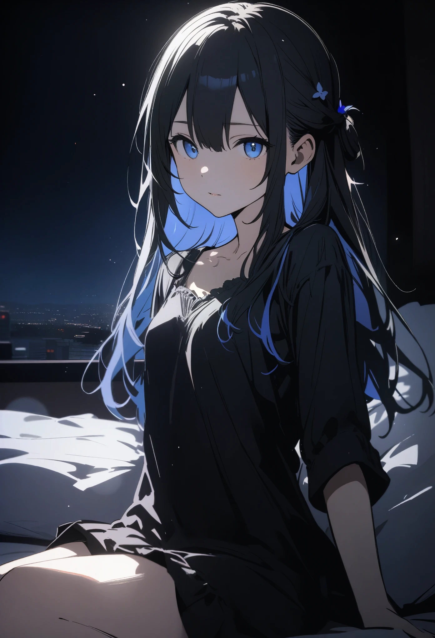One 14-year-old girl, ((Light black clothing))、(Inner color hairstyle), Beautiful Hair, Facial Contour, Remember, Hotel, moonlight、splash, Lens flare,, Natural Color, High resolution, Very delicate, Very detailed, 8k,(There is swelling of the breasts、About B cup)、Shyness,((Sexual))
