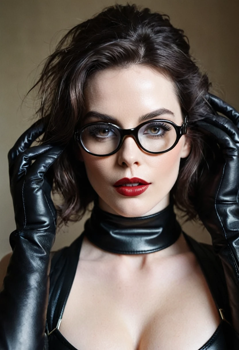 A polaroid shot of an intelligent 35-year-old dominant brunette with disheveled hair, a very thin face, pale white skin, very high cheekbones, large full lips, the largest lips, small glasses, deep mouth, dark plump glossy lips, very bright makeup. Very thin. Naked sexy model. in bdsm style. Wearing in leather gloves. A magnificent hairstyle. Shiny steel bracelets on top of black gloves. and Shiny steel bracelet necklaces are on her wrists. She wears a leather harness over her head and face. Leather garters on his feet. A sexy pose.