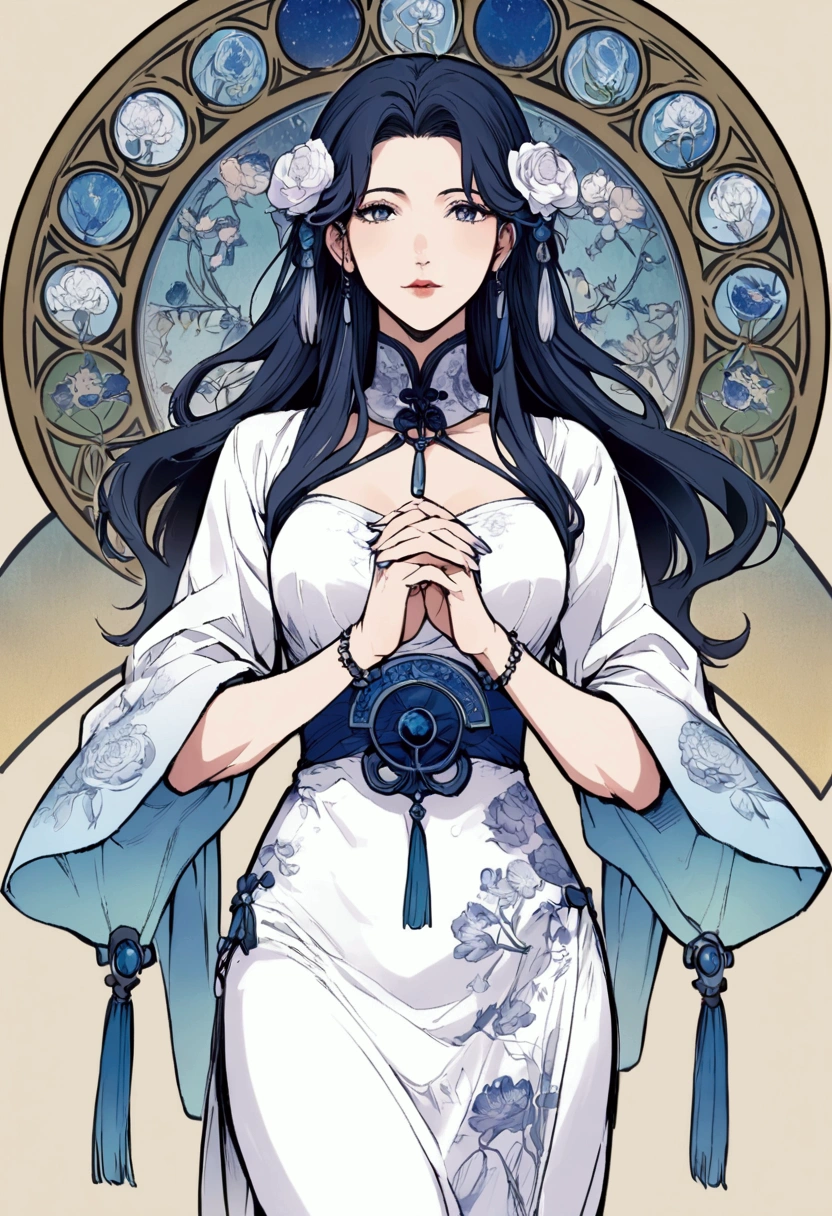 Solo Girl,(Mature Woman,30 years old),Tarot card style background, Art Nouveau style, Beautiful fortune teller, Long Hair, Greek style white dress