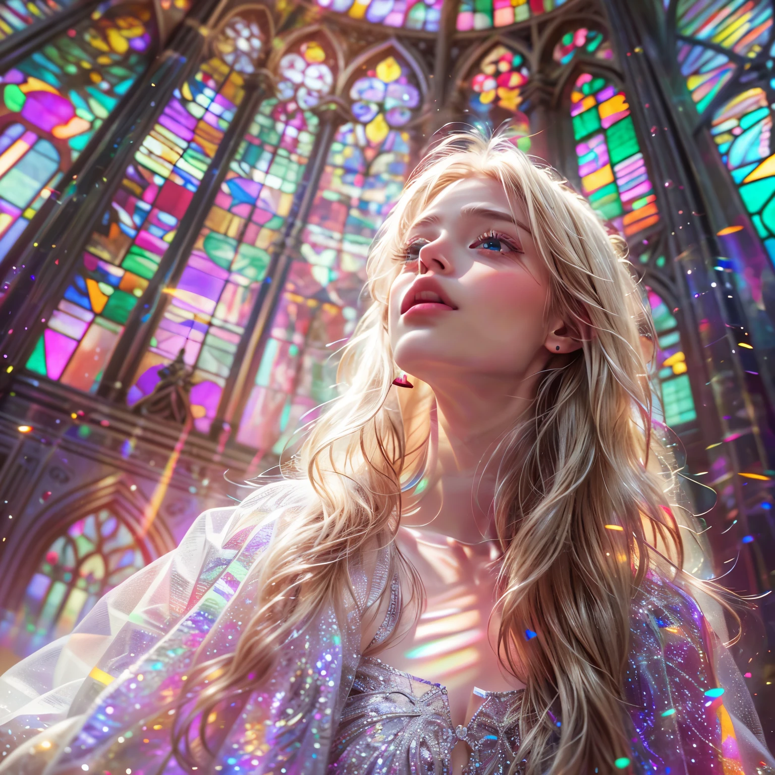 (Cathedral from below:1.28)  (BokeH ZoomLayer) (TopQuality 8K masterpiece of ((Professional photo:1.37))), (((Clarisse de Cagliostro))) (Detailed White WeddingDresses), Chain, (CloseUp of (Extremely detailed (KAWAII face))) {((VeiledFace))|BlondeHair|(Elaborate BuleEyes)with(SparklingHighlights:1.28)}, The background is distant (((Elaborate stained glass))) Rainbow Glass, {(MysticSight)|EnchantingAtmosphere|Haze|(GodRays)|TyndallEffect}, Radiant PearlSkin with Transparency, (Exposed:0.64), BluB