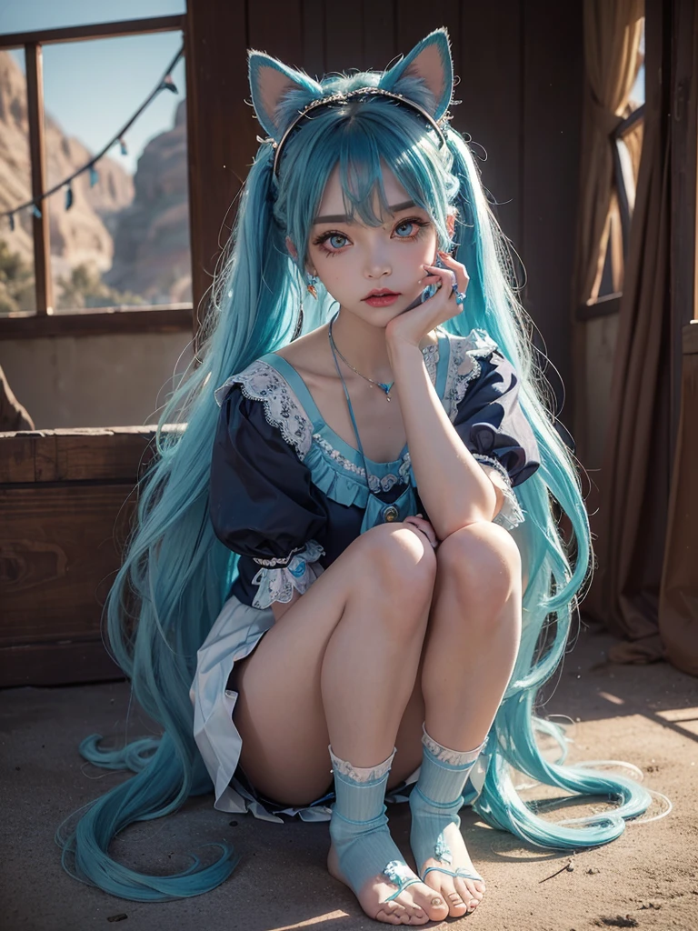 Goddess, Hatsune Miku, Gradient Eyes, Watery Big Eyes, Colored Eyelashes, Beautiful Eyes, Lipstick, Cat Mouth, Rabbit Ears, Angry, Hair Over the Shoulder, Blue Hair, Asymmetric Bangs, Double Braids, Lolita Hair Accessories, Hairpins, Stud Earrings, Colars, Rings, Pendants, Brooches, Corsages, Ribbons, JK Uniforms, Fishnet Socks, Butterfly Wings, Legs Entwined, Ten Fingers Interlocked, Staddling, Library, Bust, Delicate Facial Features, Perfect Face, , Multiple Girls, Student, Short Eyebrows, Watery Big Eyes, Chestnut Mouth, Lipstick, Animal ears, annoyances, long hair, blue hair, crossed bangs, messy hair, Lolita hair accessories, bracelets, sapphire brooches, necklaces, nail polish, JK uniforms, pleated skirts, lace, bare feet, one-legged pantyhose, sitting sideways, learning to bark, tied to a cross, hands on someone else's waist, dusk, hills, desert, wasteland, atmospheric light, Tyndall effect, natural light  