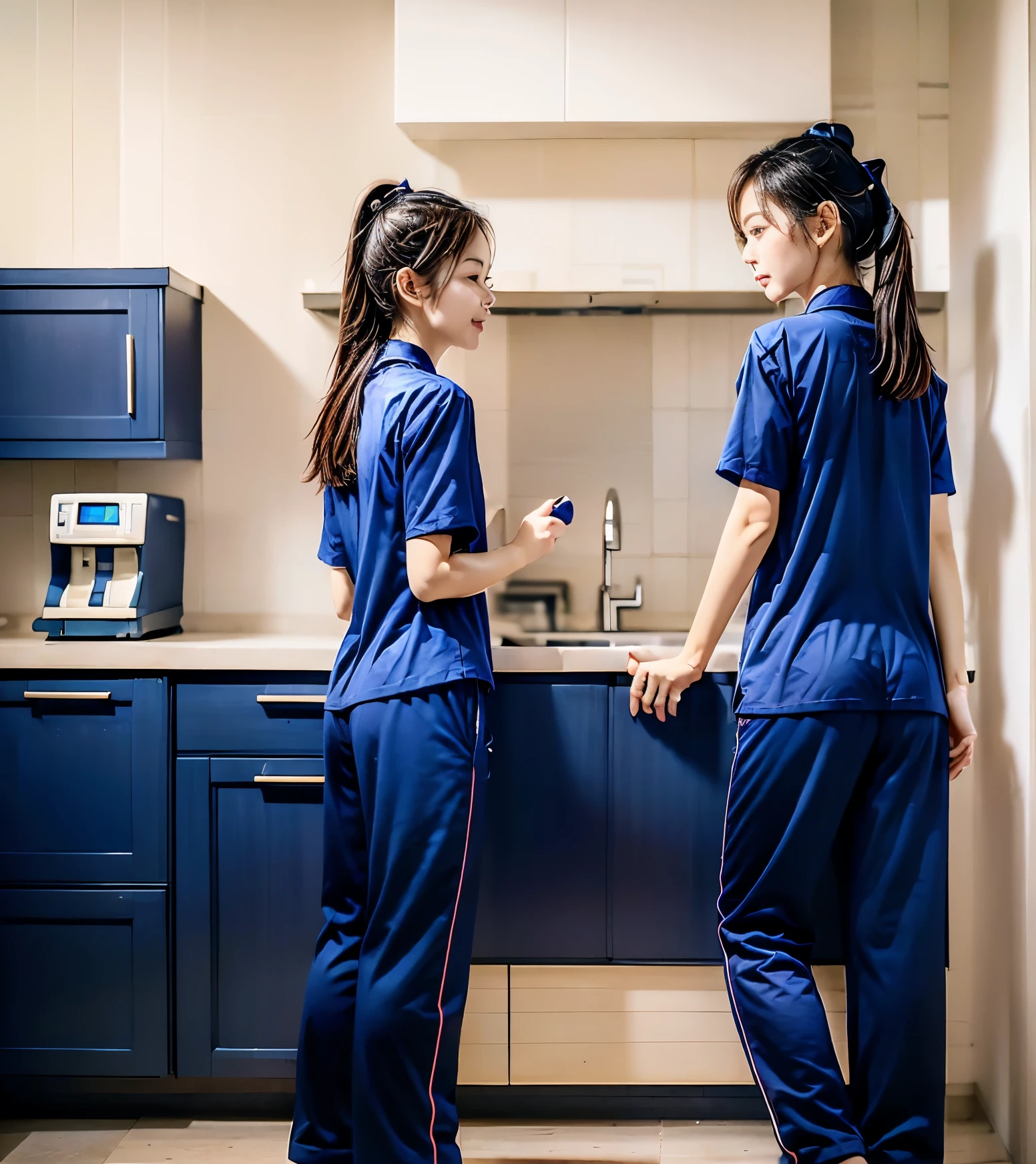 (best quality,10,10,height,Masterpiece:1.2),Special details,(realistic,ภาพrealistic,Realistic photos:1.37),1 Cute girl in the kitchen,shiny, ผิวshiny,only,smile softly,BDclothelue shirt:1.3)),short sleeve,shirt, กางเกงขาlong.,(navy_long_track pants:1.1), ((Kitchen Background)),Dynamic angle,excited,Face focus,dynamic poses,from behind,focus on ass,Masterpiece, best quality, ultra realistic, hyper detail, 8k resolution, raw photos, Sharp focus, ((Navy blue shirt:1.1)), short sleeve, เส้นทางlong, perfect body, 2 mature women, 18 years old, Cinema-grade lighting system,blue sweatpants,shirtผ้าออกกำลังกาย,correct anatomy,perfect body, correct body, Sharp face, correct bodyทางกายวิภาค, full body, realistic gestures, long-haired, realistic poses,Wear long shorts...........................,ช่วงขาlong,Good shape,carved girl, Slender figure, model, Good shape, beautiful body,blue sweatpants, two girls kissing