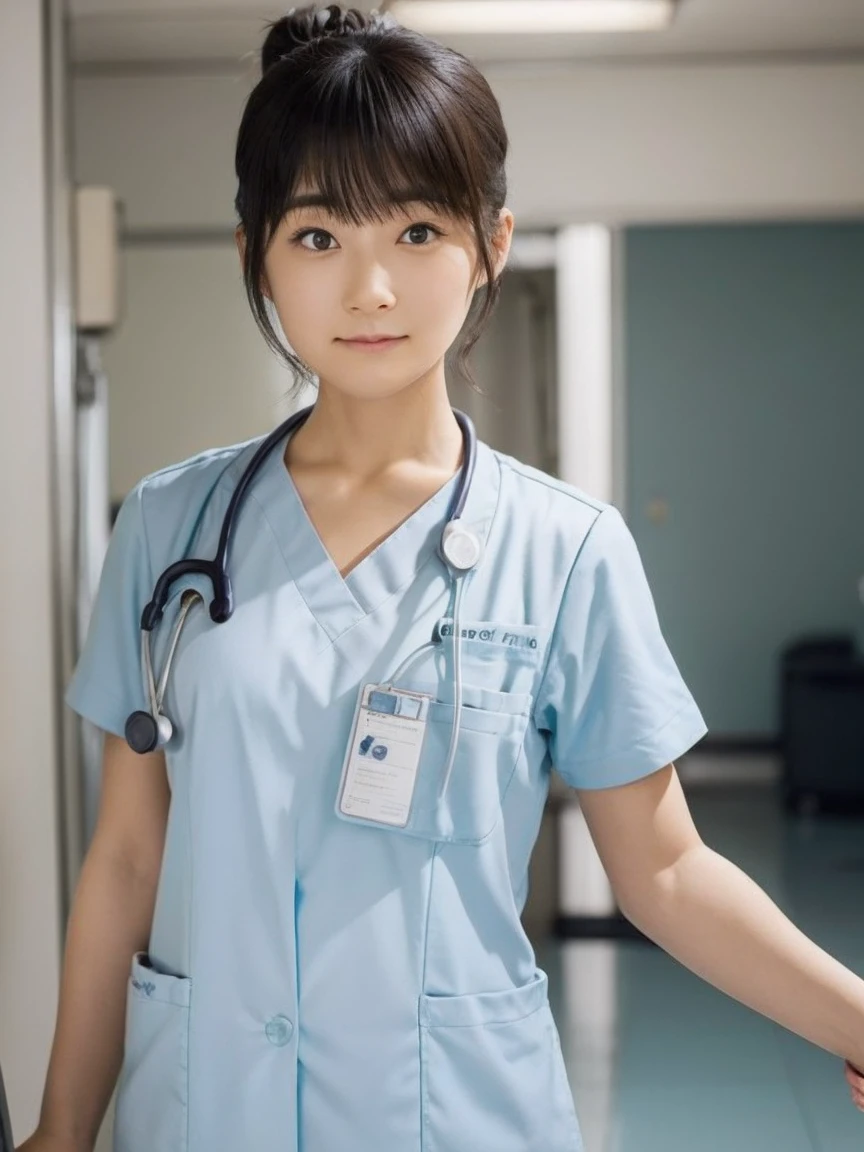 girl, alone, Bun Hair, Medical scrub、White scrub、Female nurse、Hold in hand、Short sleeve、Long trousers、Name tag, (ID card)、strap, (Stethoscope)、Hospital corridor、Warm lighting、sense of cleanliness