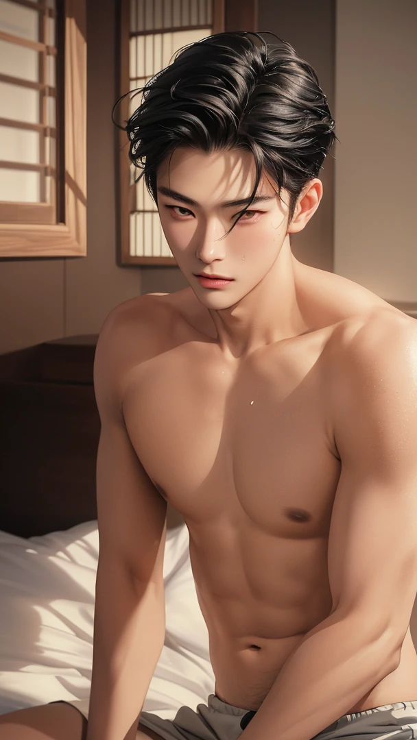 ((High quality)), ((masterpiece)), ((highly detailed)), perfect face, realistic, ((man)), ((Asian)), young, black hair, comma hair cut style, ((handsome)), detailed eyes, beautiful detailed nose, realistic body, realistic light, comfortable expressions, cute guy, sweat guy, cool guy, mascular body, shirtless