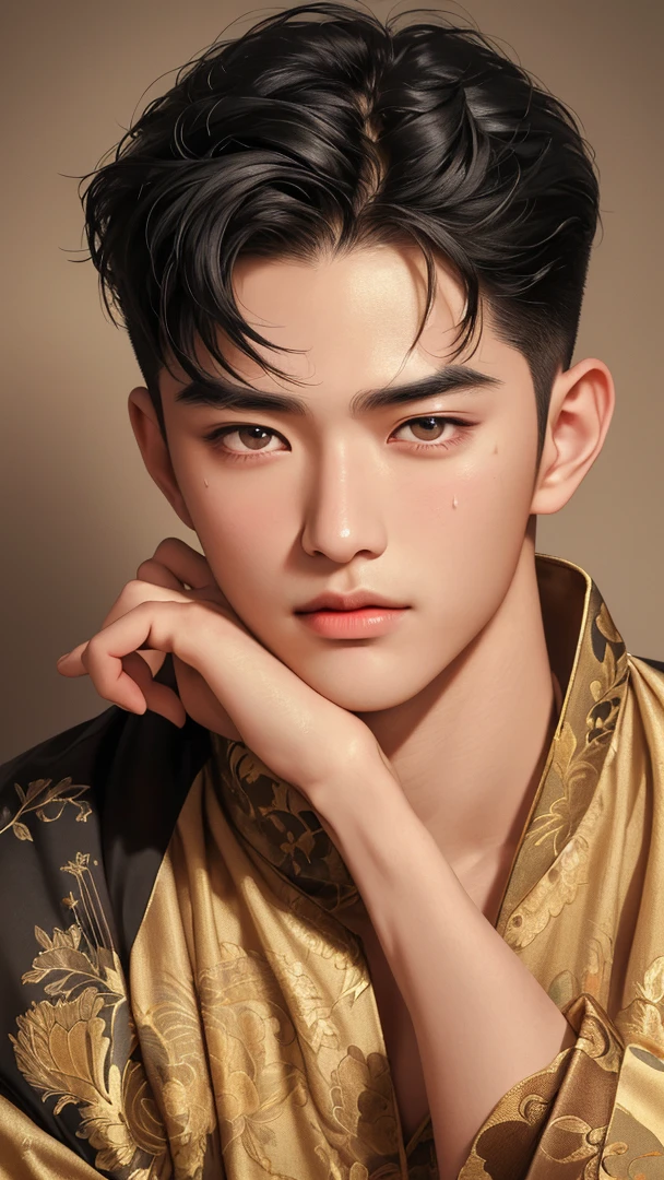 ((High quality)), ((masterpiece)), ((highly detailed)), perfect face, realistic, ((man)), ((Asian)), young, black hair, comma hair cut style, ((handsome)), detailed eyes, beautiful detailed nose, realistic body, realistic light, comfortable expressions, cute guy, sweat guy, cool guy, mascular body, shirtless